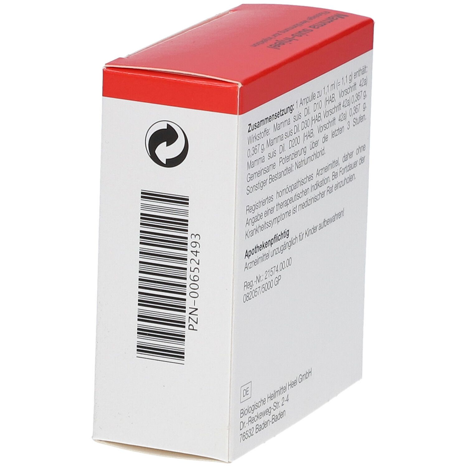 Seite der weißen Schachtel mit rotem Deckel. Text: PZN-00652493, Herstelleradresse, Recycling-Symbol. Marke: Heel.