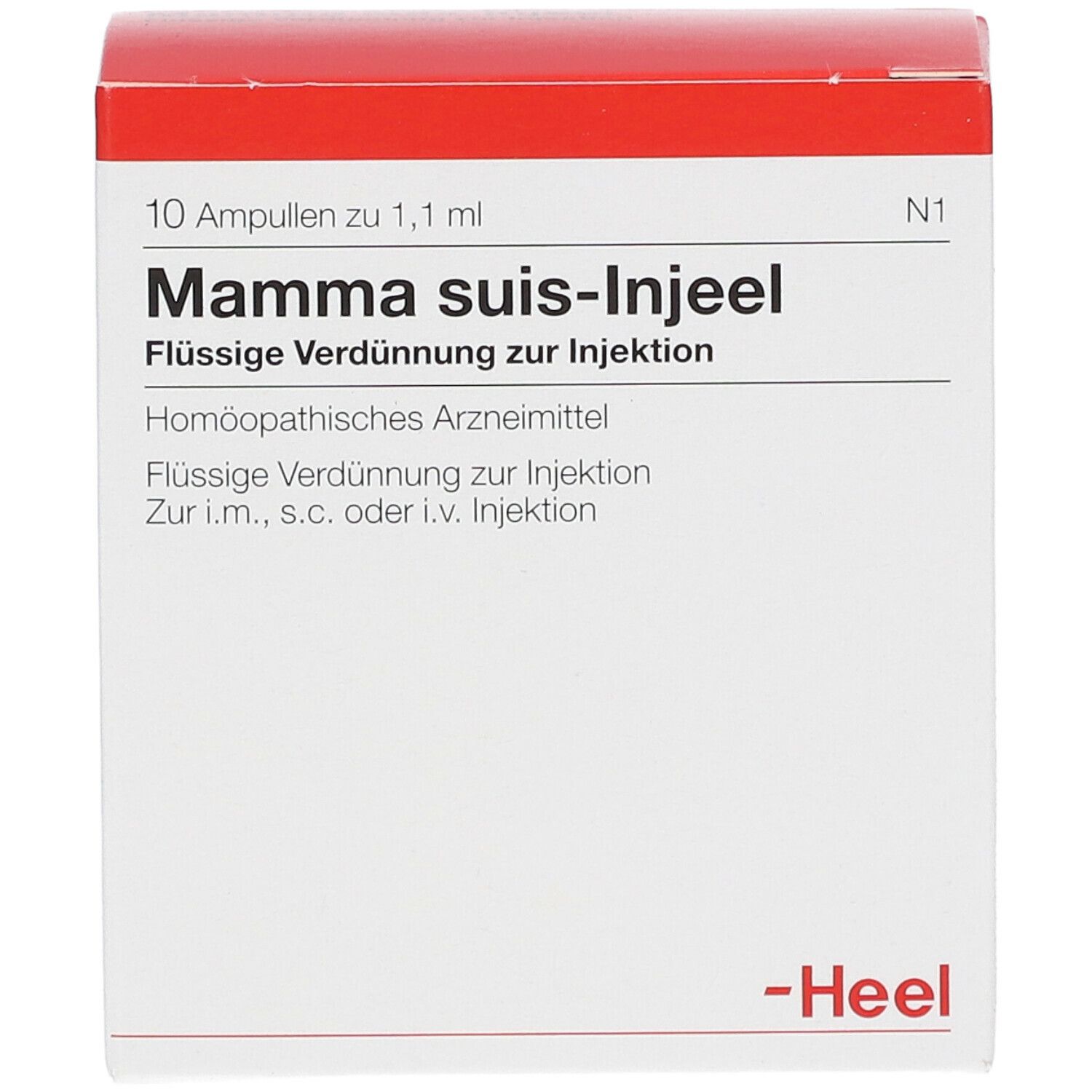 Weiße Schachtel mit rotem Deckel. Aufschrift: Mamma suis-Injeel, flüssige Verdünnung zur Injektion. Marke: Heel.