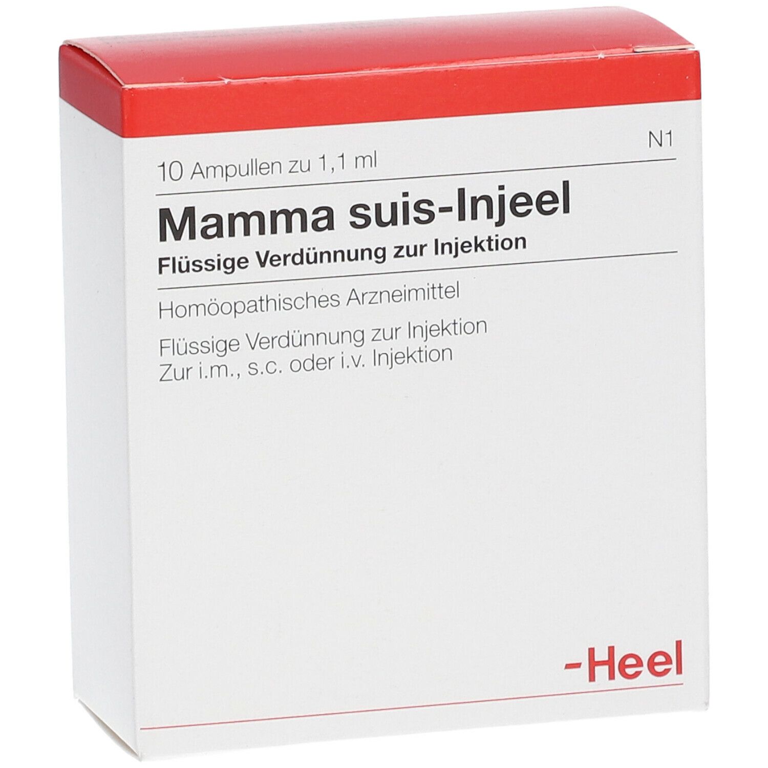 Weiße Schachtel mit rotem Deckel. Aufschrift: Mamma suis-Injeel, flüssige Verdünnung zur Injektion. Marke: Heel.
