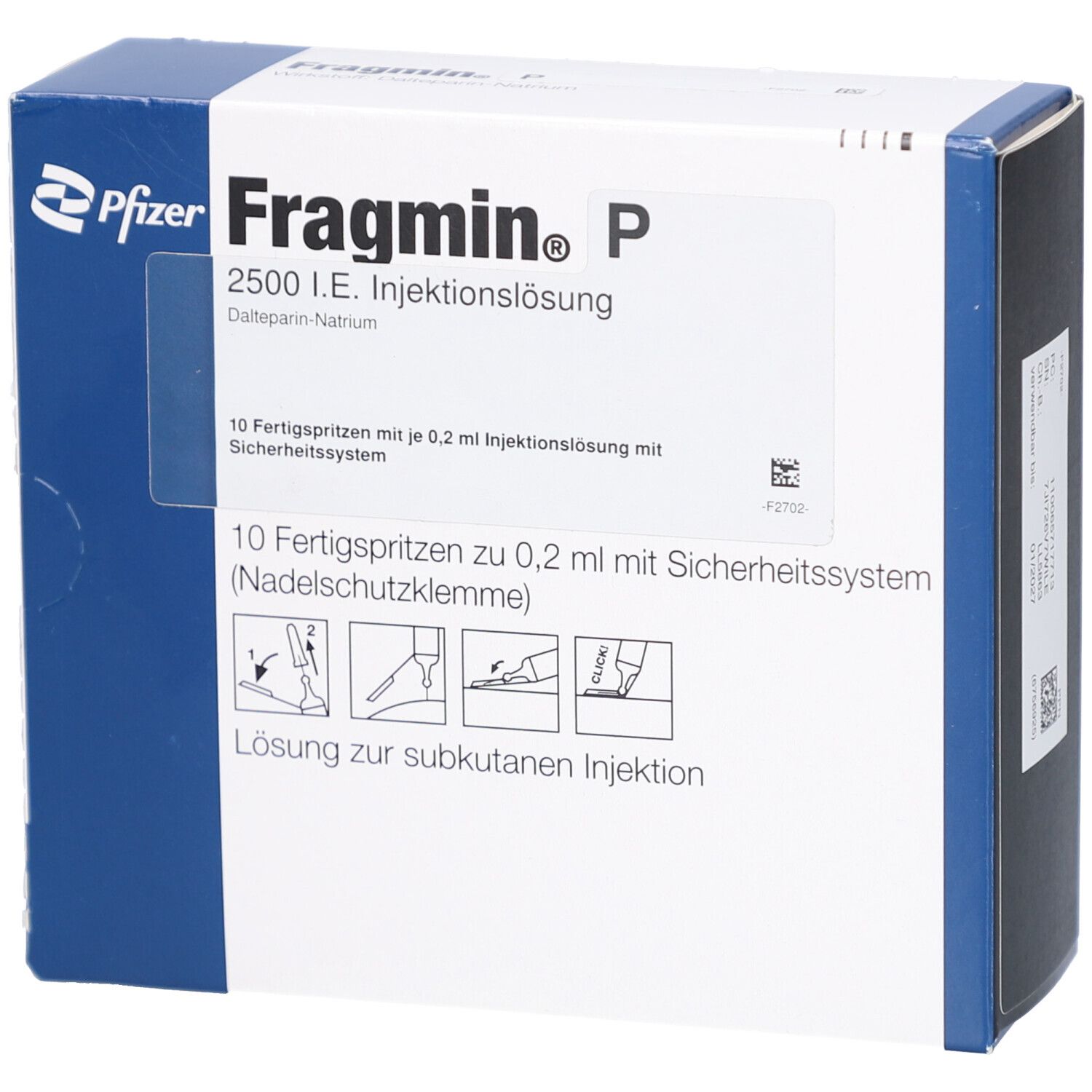 Schachtel mit Fragmin P, 2500 I.E. Injektionslösung. Enthält 10 Fertigspritzen mit Sicherheitsystem. Pfizer Logo.