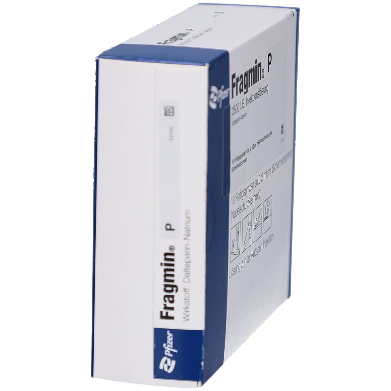 Schachtel Fragmin P, 2500 I.E. Injektionslösung. Pfizer Logo. Seitenansicht der Verpackung.
