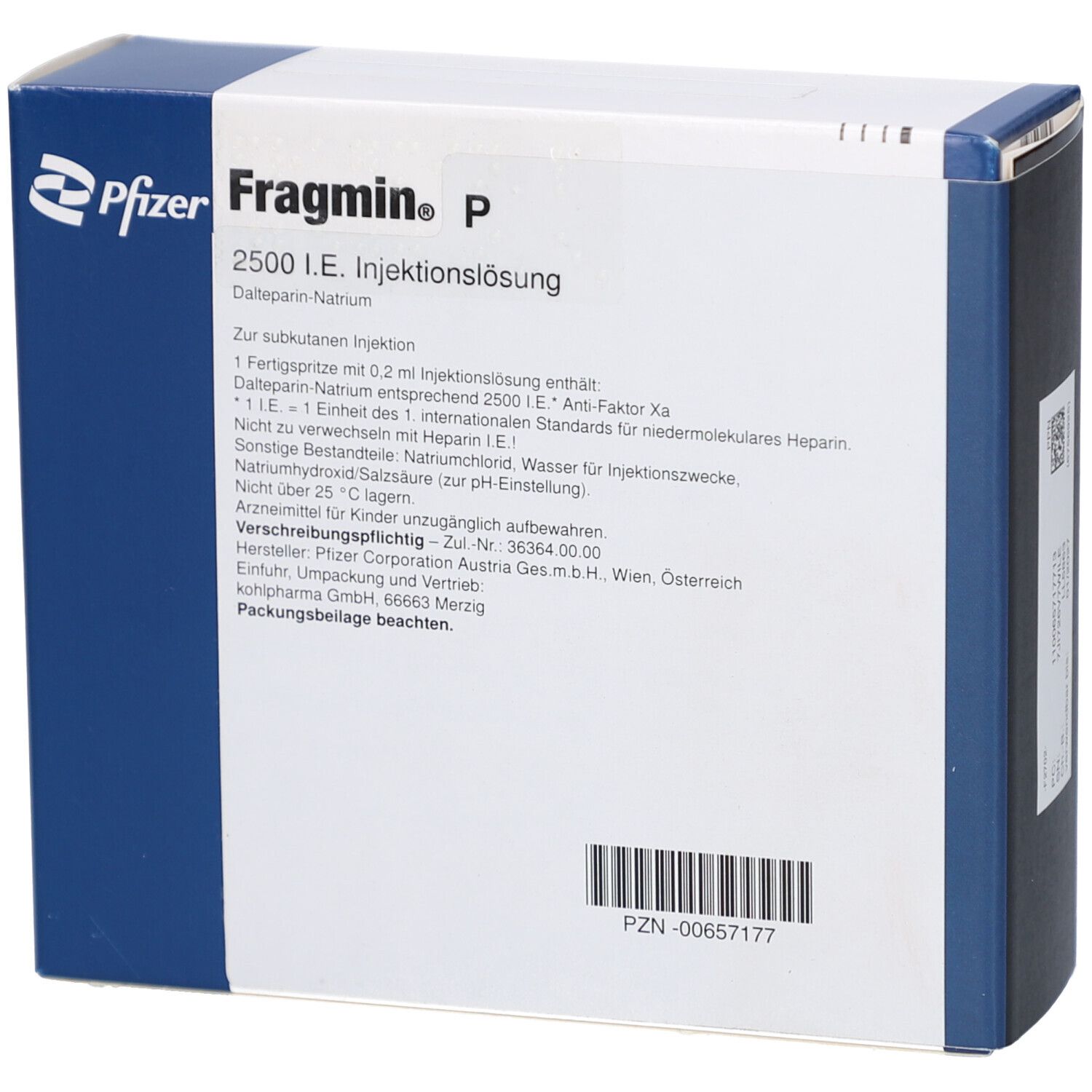 Rückseite der Fragmin P Schachtel. Enthält Informationen zur Injektionslösung, Hersteller und Chargennummer.