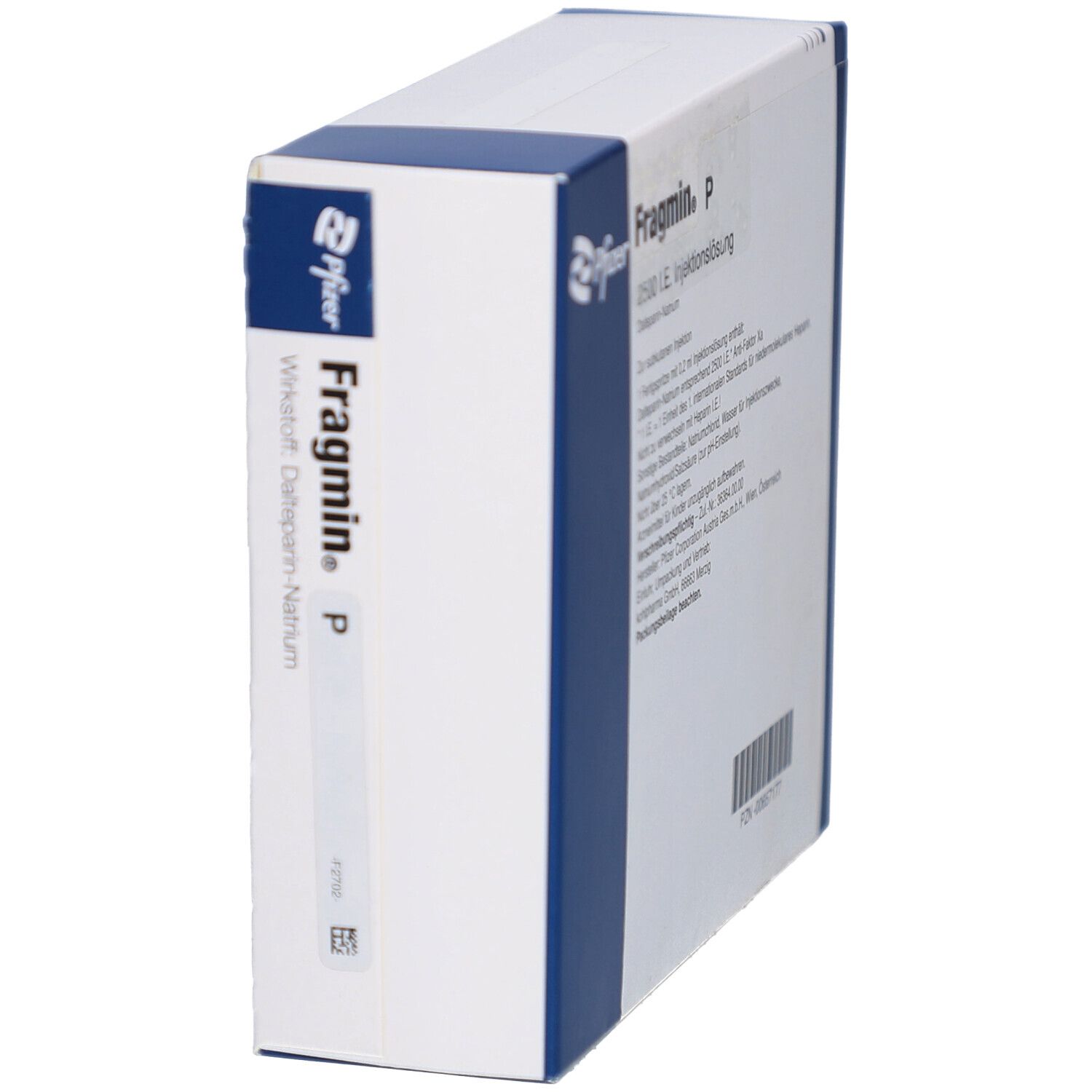 Seitenansicht der Fragmin P Schachtel. Enthält Informationen zur Injektionslösung und Wirkstoff.