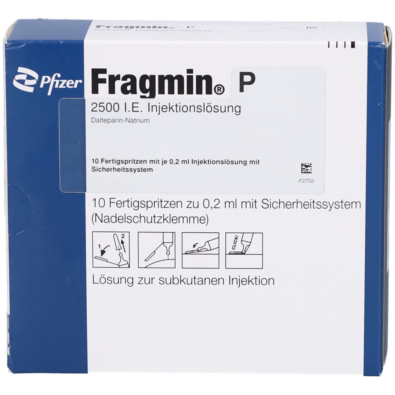 Schachtel mit Fragmin P, 2500 I.E. Injektionslösung. Enthält 10 Fertigspritzen mit Sicherheitsystem. Pfizer Logo.