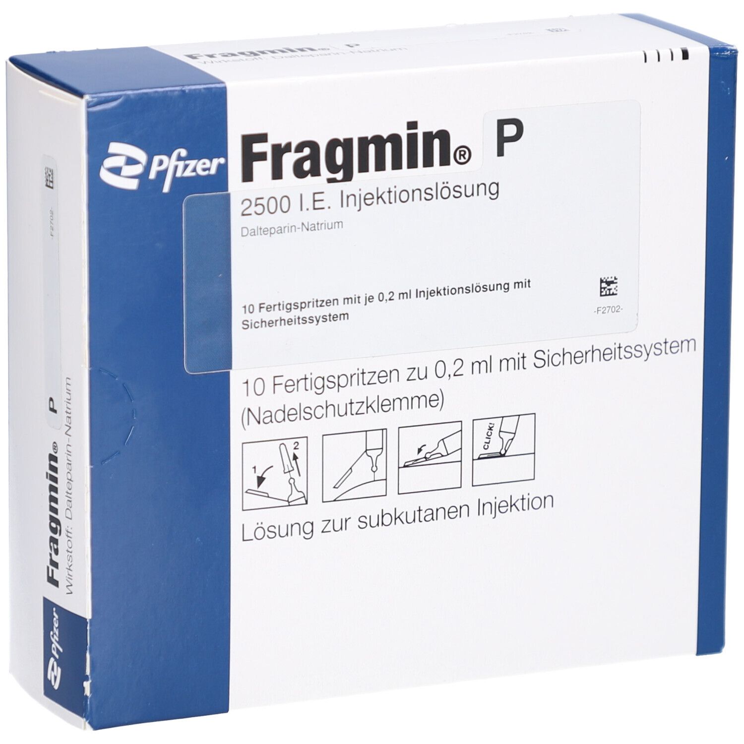Schachtel mit Fragmin P, 2500 I.E. Injektionslösung. Enthält 10 Fertigspritzen mit Sicherheitsystem. Pfizer Logo.
