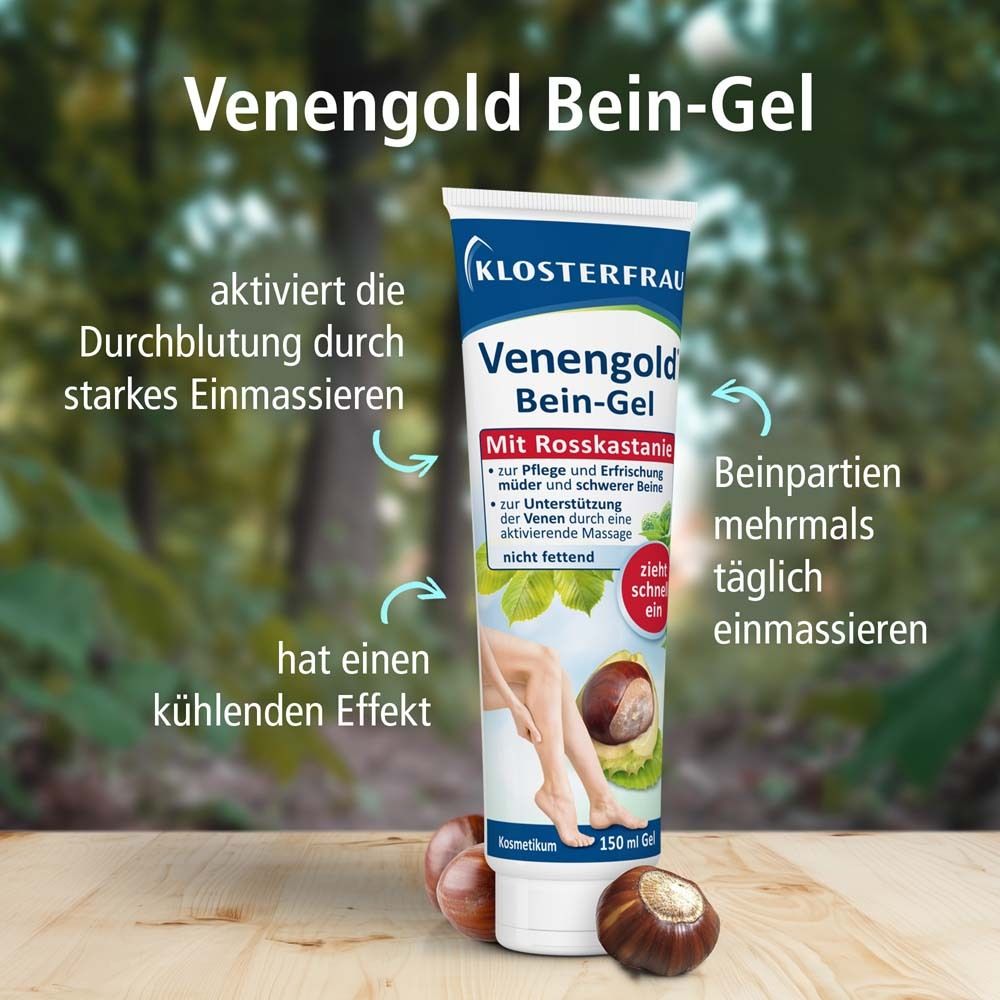 Tube mit Produkt. Text: Venengold Bein-Gel. Pfeile zeigen auf Anwendungshinweise und Inhaltsstoffe.