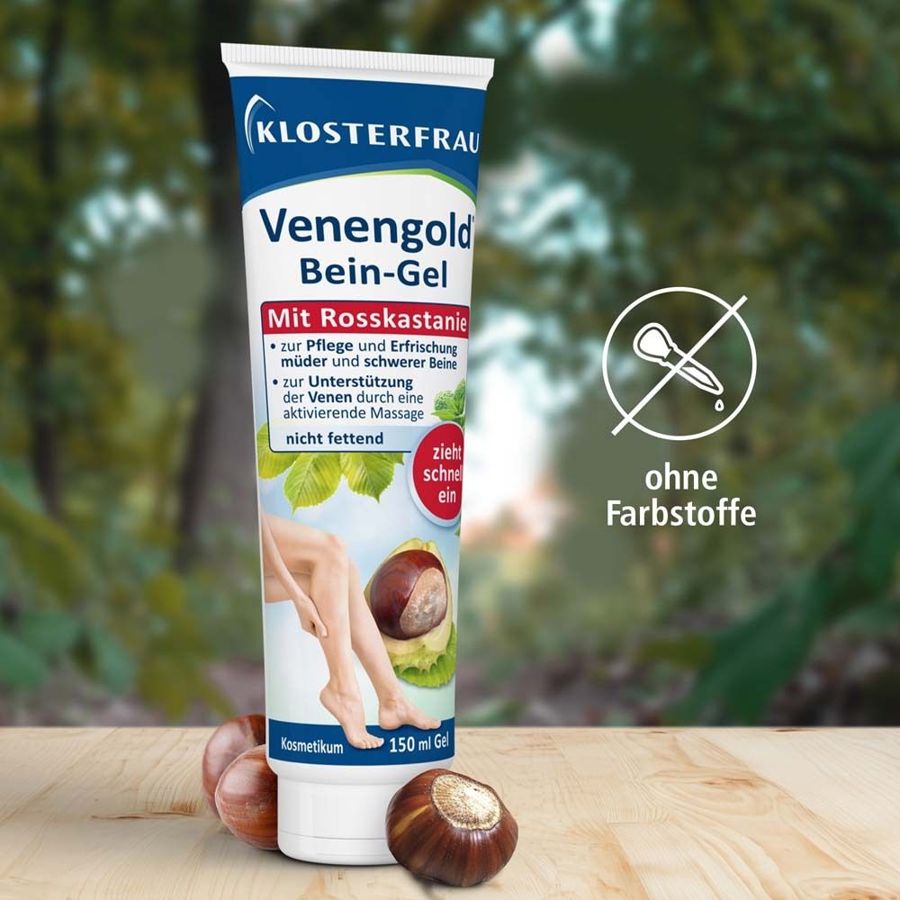 Tube mit Produkt und Kastanien. Text: Venengold Bein-Gel. Ohne Farbstoffe. 150 ml.