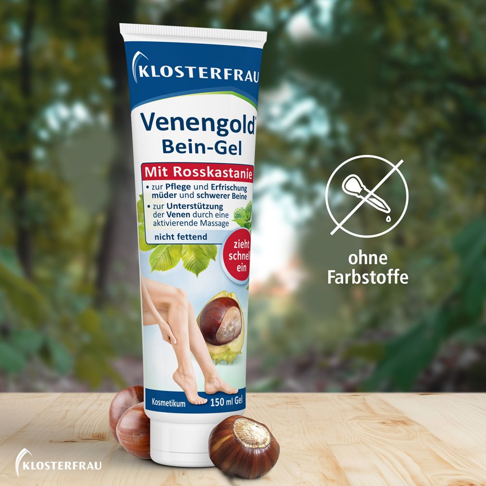 Tube Venengold Bein-Gel. Text: ohne Farbstoffe. Abbildung von Bein und Rosskastanie.