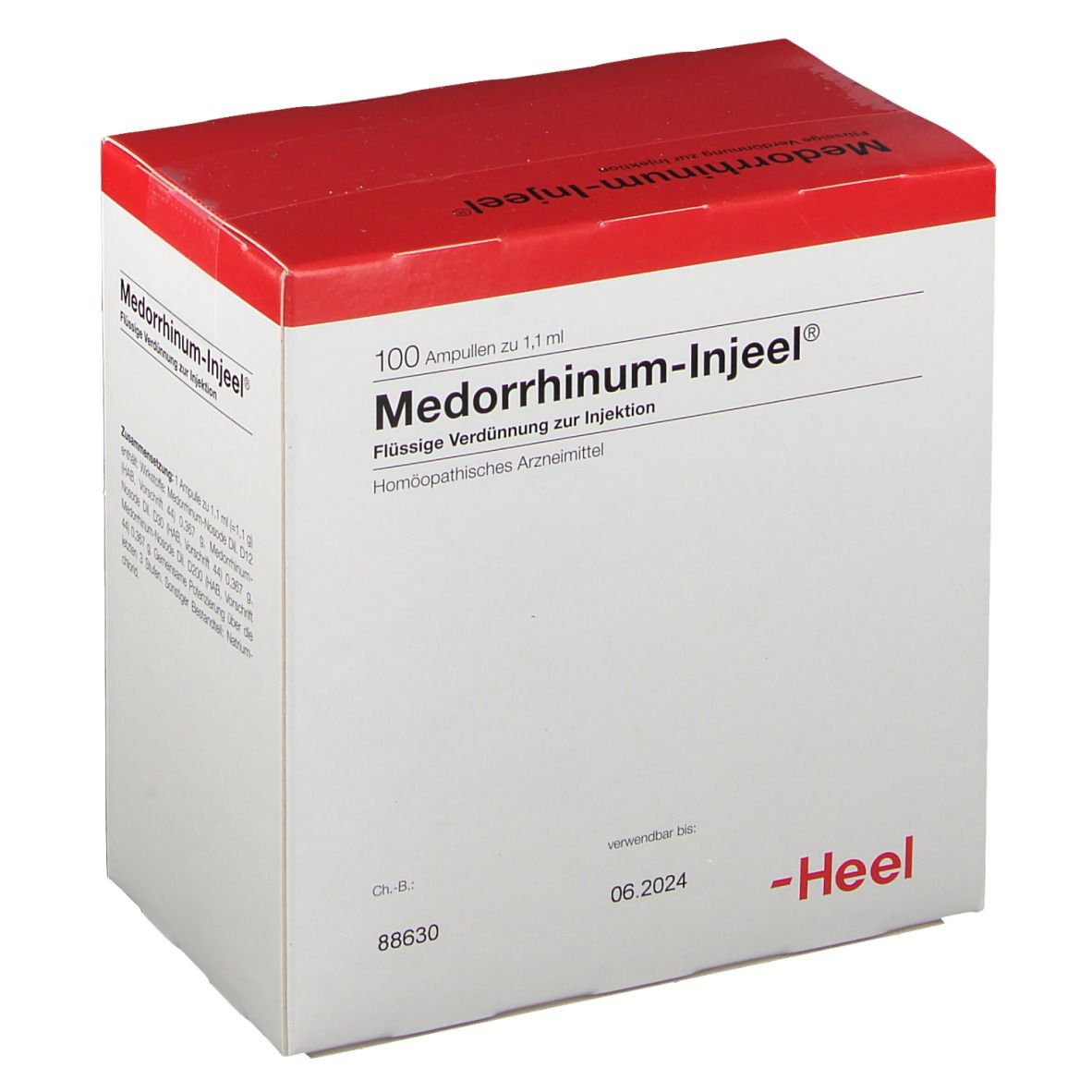 Karton Medorrhinum-Injeel Ampullen. Roter Deckel, weiße Box. Text: 100 Ampullen, Flüssige Verdünnung. Heel Logo.