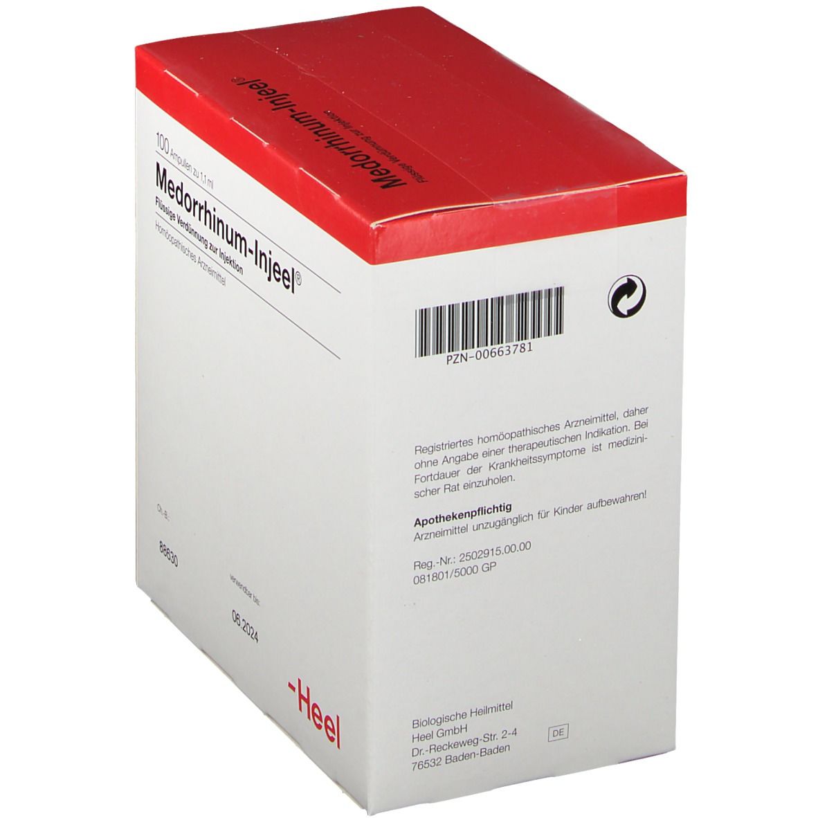 Medorrhinum-Injeel Ampullen Box, schräg. Roter Deckel, weiße Box. Text und Logo Heel. PZN-Code und weitere Informationen.