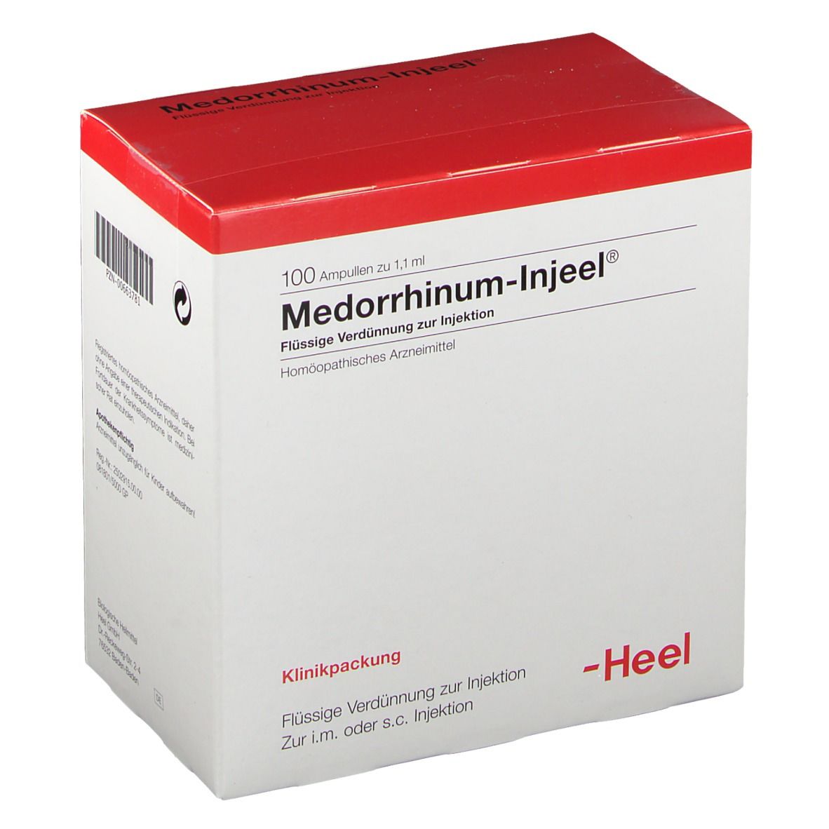 Medorrhinum-Injeel Ampullen Box. Roter Deckel, weiße Box. Text: Klinikpackung, Flüssige Verdünnung. Heel Logo.