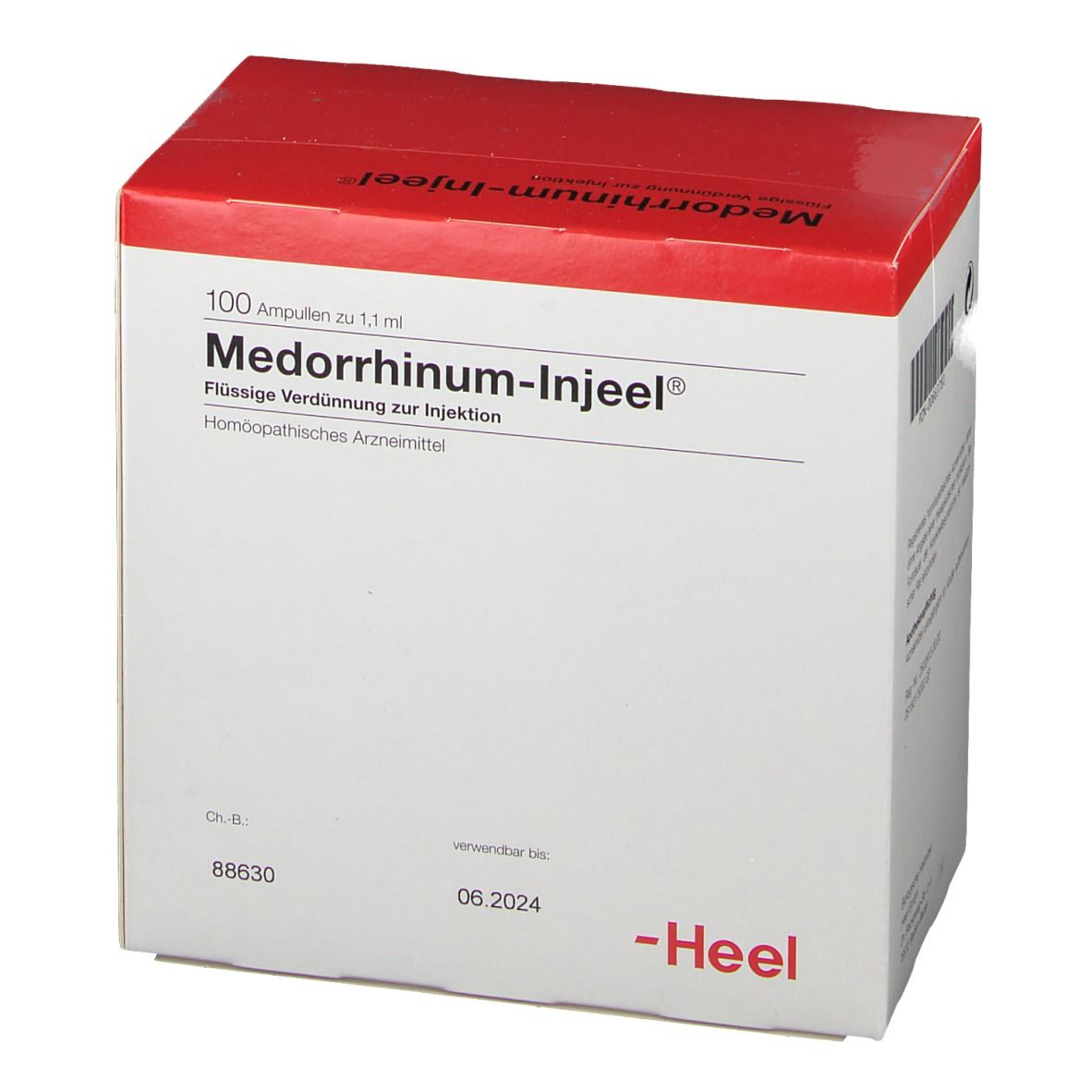 Medorrhinum-Injeel Ampullen Box. Roter Deckel, weiße Box. Text: 100 Ampullen, Flüssige Verdünnung. Heel Logo. Verfallsdatum.