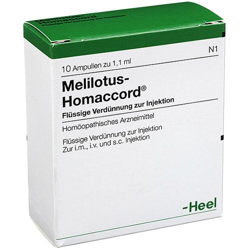 Schachtel mit "Melilotus-Homaccord®". 10 Ampullen. Grün-weiße Verpackung. Text in Deutsch. Marke "-Heel".