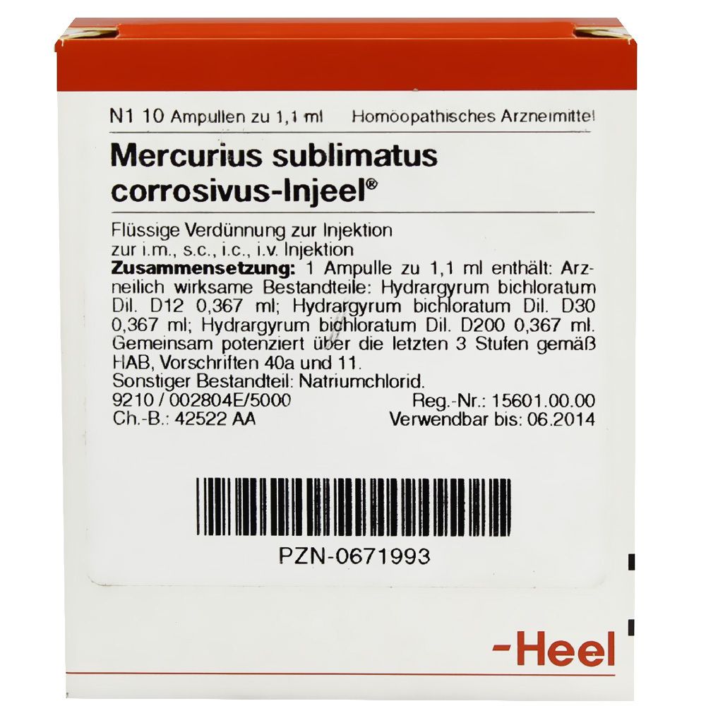 Karton Mercurius sublimatus corrosivus-Injeel®. Enthält 10 Ampullen. Aufschrift: Flüssige Verdünnung zur Injektion. Marke: Heel.