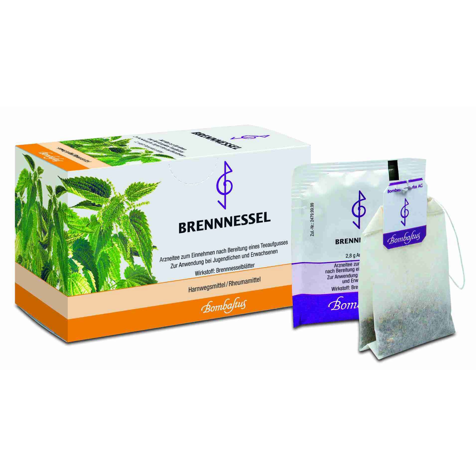 Verpackung mit Brennnesseltee-Beuteln. Beutel und Schachtel mit Produktnamen und Logo. Kräuterabbildung.