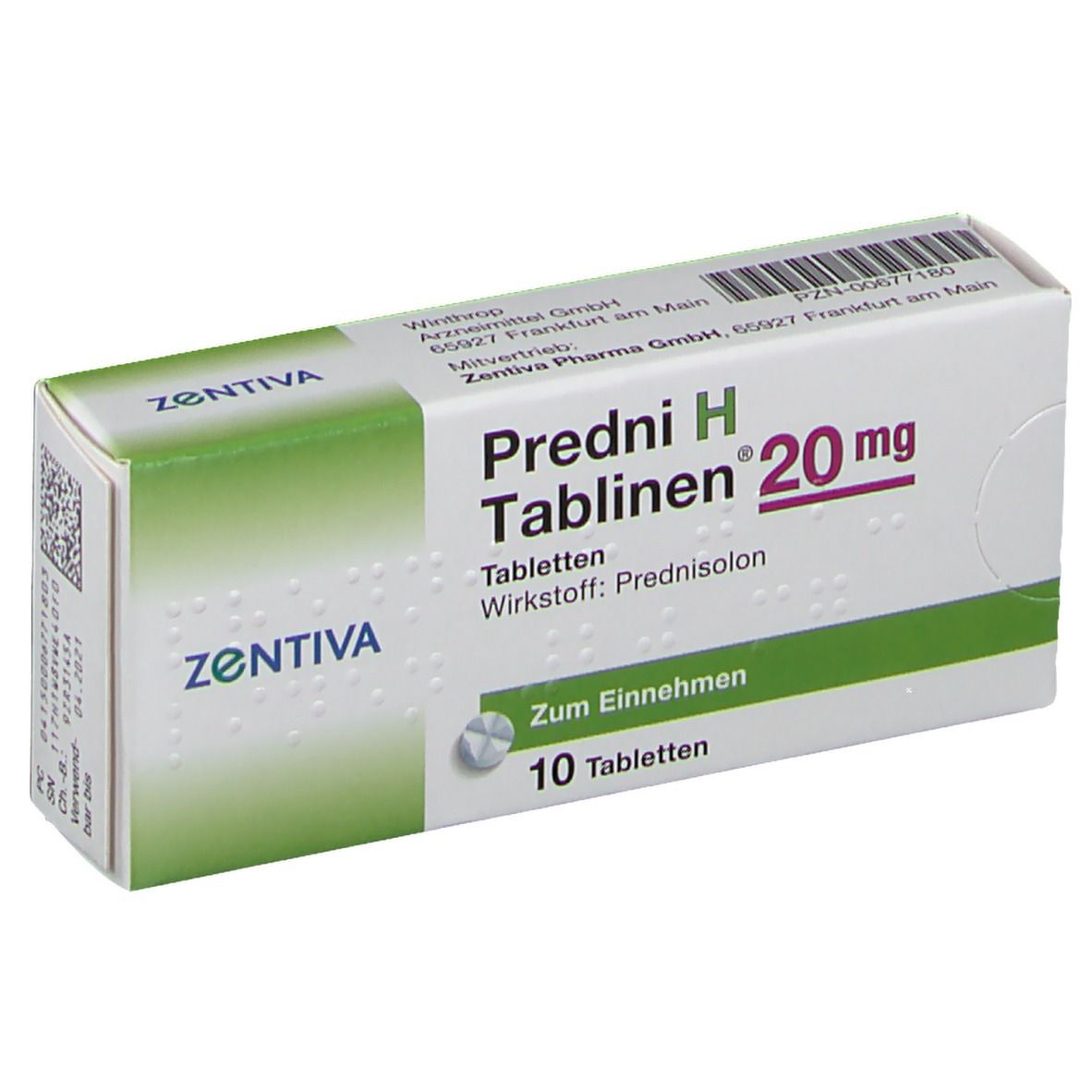 Schachtel Predni H Tablinen 20 mg, 10 Tabletten. Marke ZENTIVA. Aufdruck mit Wirkstoff Prednisolon.
