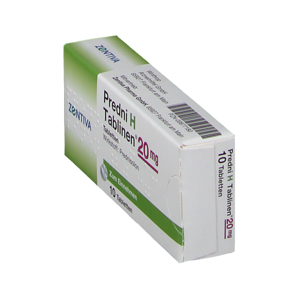 Schachtel Predni H Tablinen 20 mg, 10 Tabletten. Marke ZENTIVA. Aufdruck mit Wirkstoff Prednisolon.