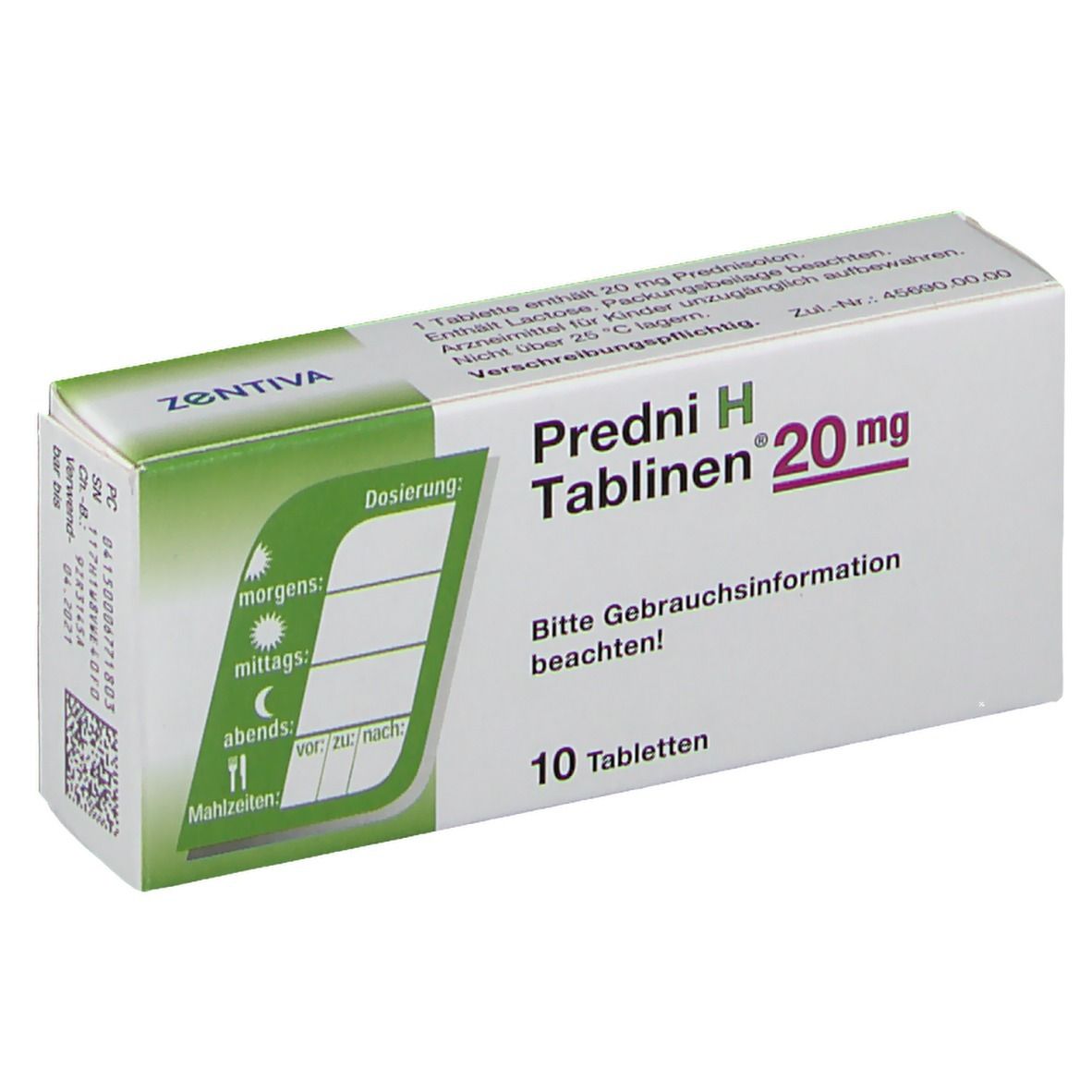 Schachtel Predni H Tablinen 20 mg, 10 Tabletten. Marke ZENTIVA. Dosierungshinweise.