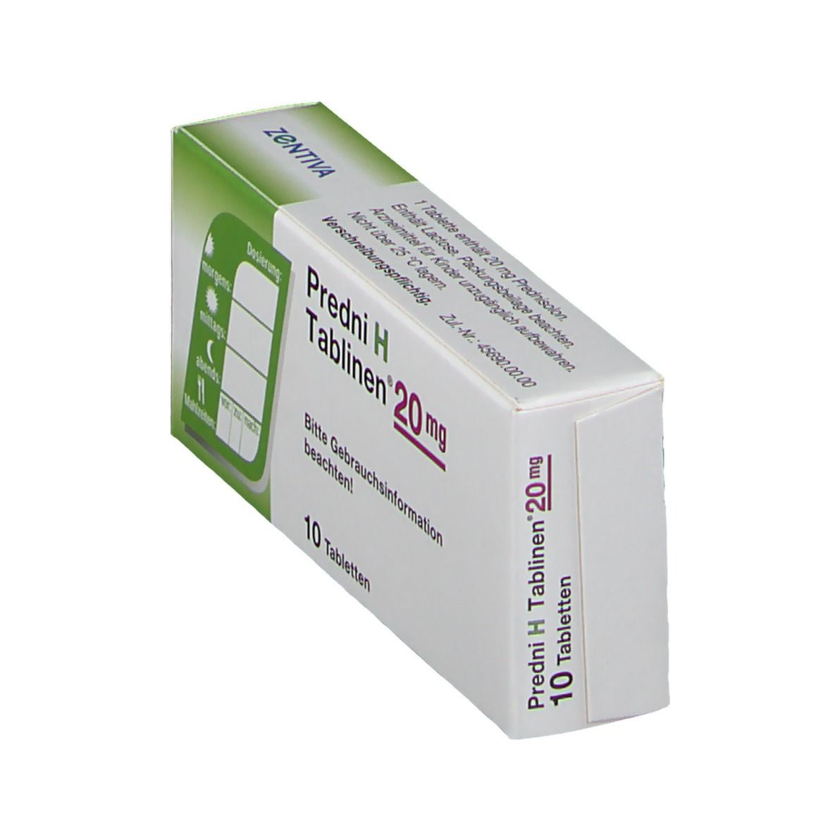 Schachtel Predni H Tablinen 20 mg, 10 Tabletten. Marke ZENTIVA. Dosierungshinweise.