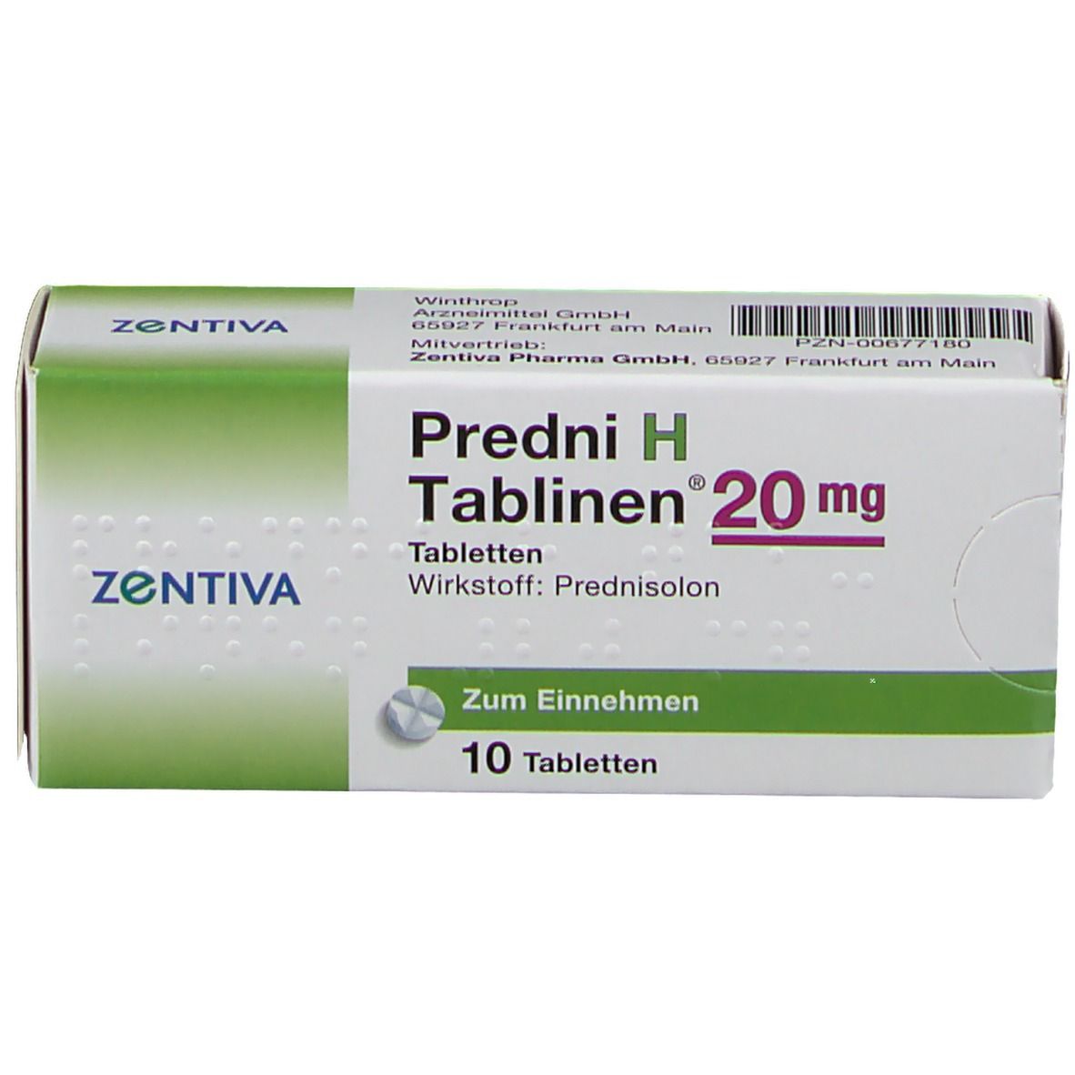Schachtel Predni H Tablinen 20 mg, 10 Tabletten. Marke ZENTIVA. Aufdruck mit Wirkstoff Prednisolon.
