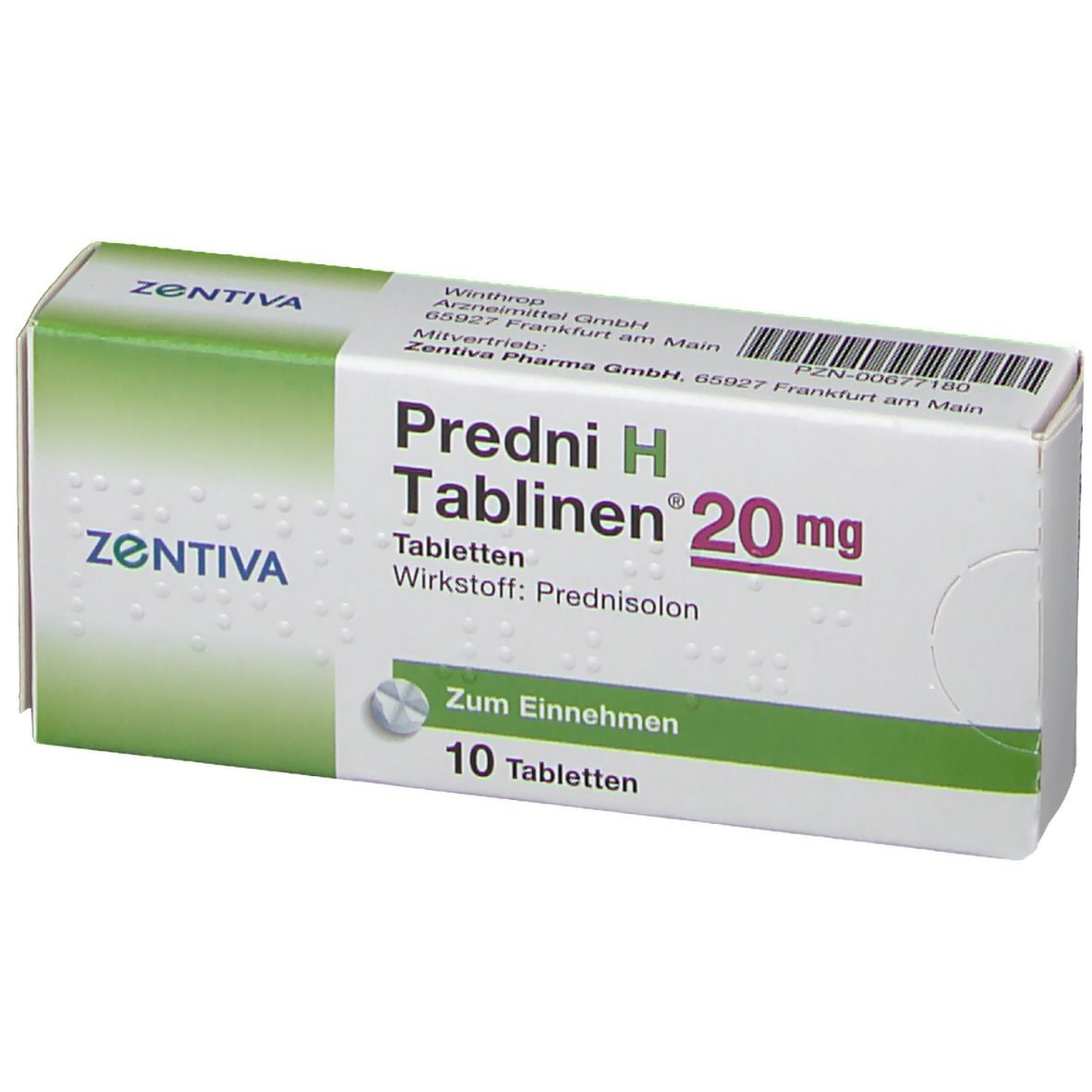 Schachtel Predni H Tablinen 20 mg, 10 Tabletten. Marke ZENTIVA. Aufdruck mit Wirkstoff Prednisolon.