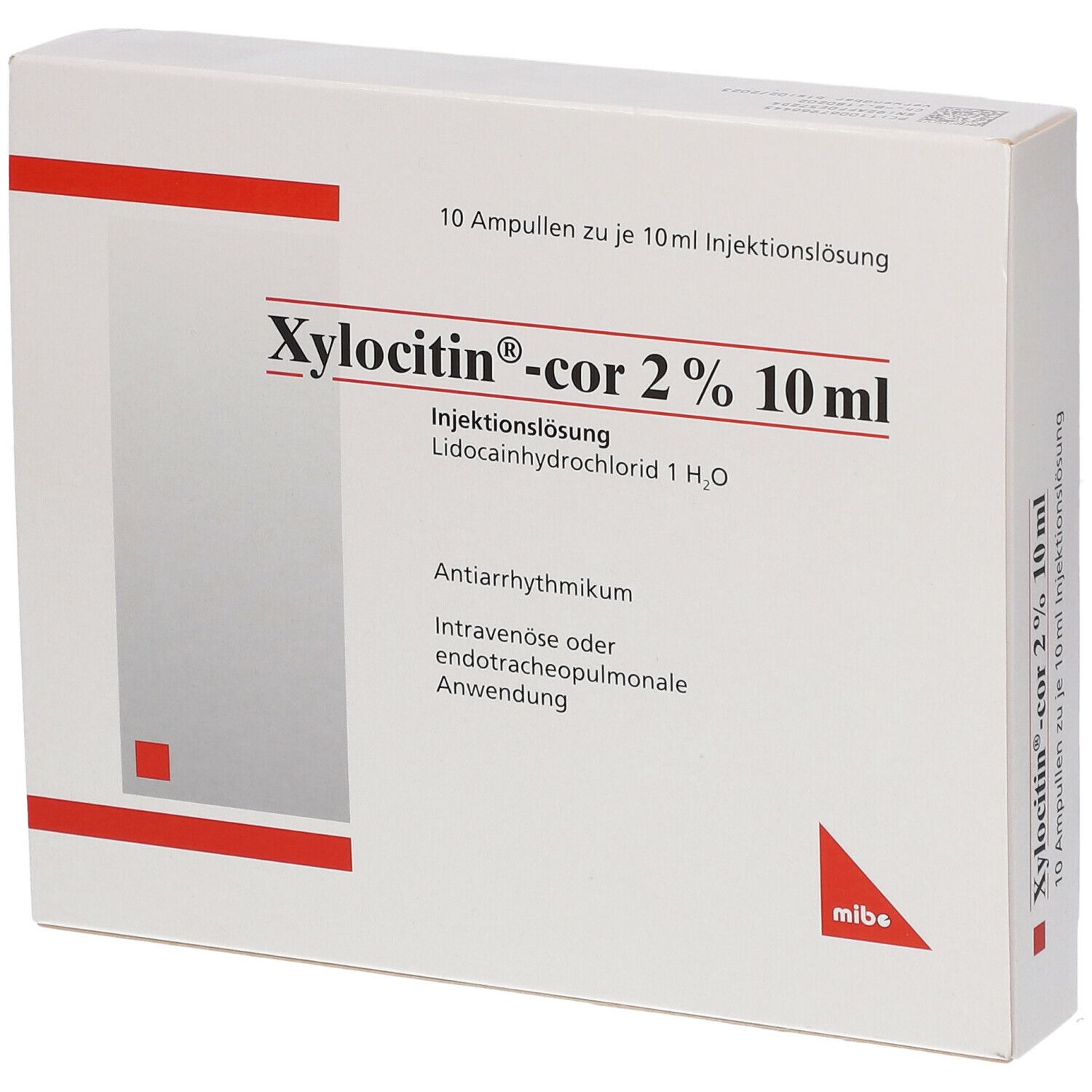 Karton mit Xylocitin-cor 2% 10 ml. Aufschrift: 10 Ampullen. Mibe-Logo.