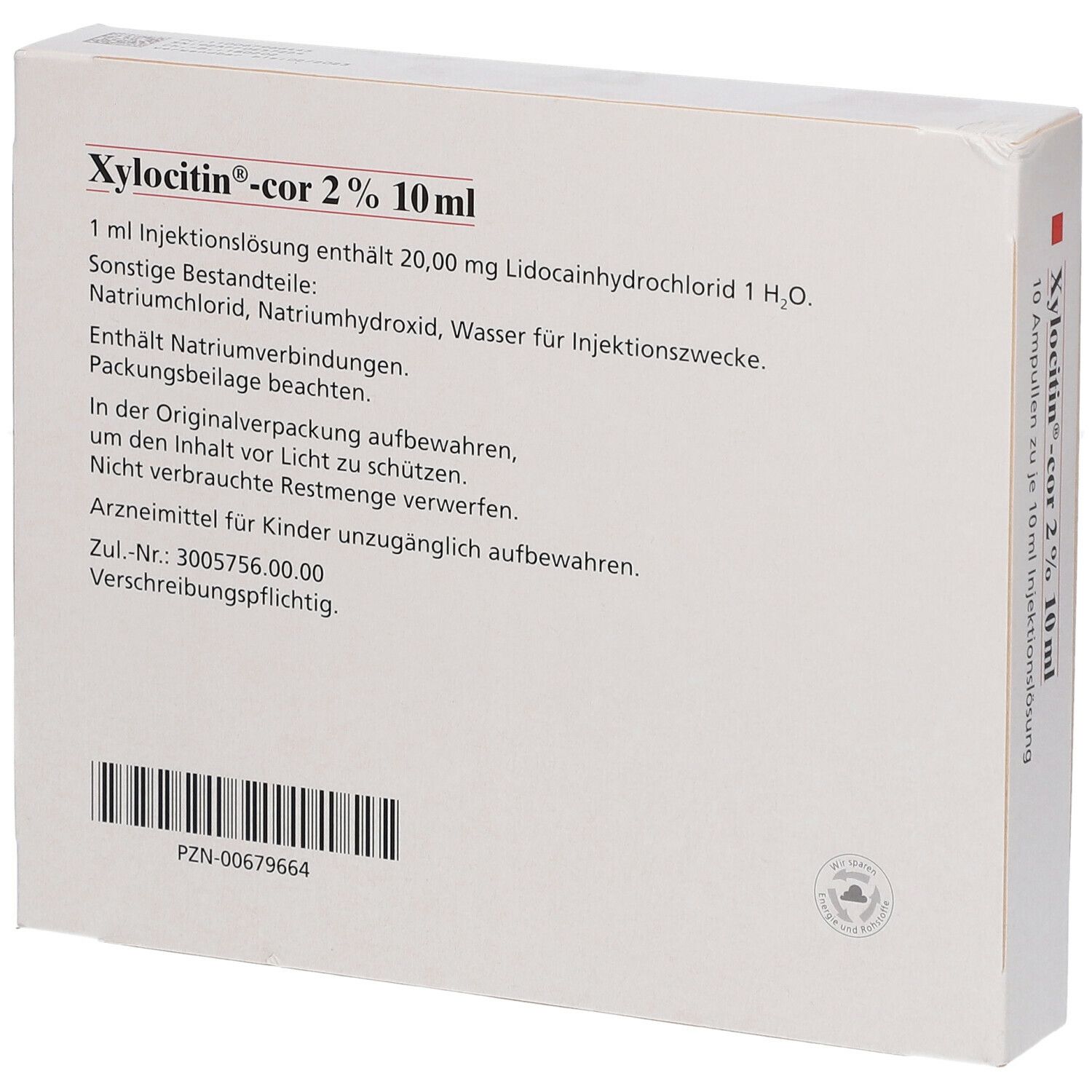Rückseite der Xylocitin-cor 2% 10 ml Verpackung. Text: Inhaltsstoffe, Gebrauchsanweisung, Chargennummer.
