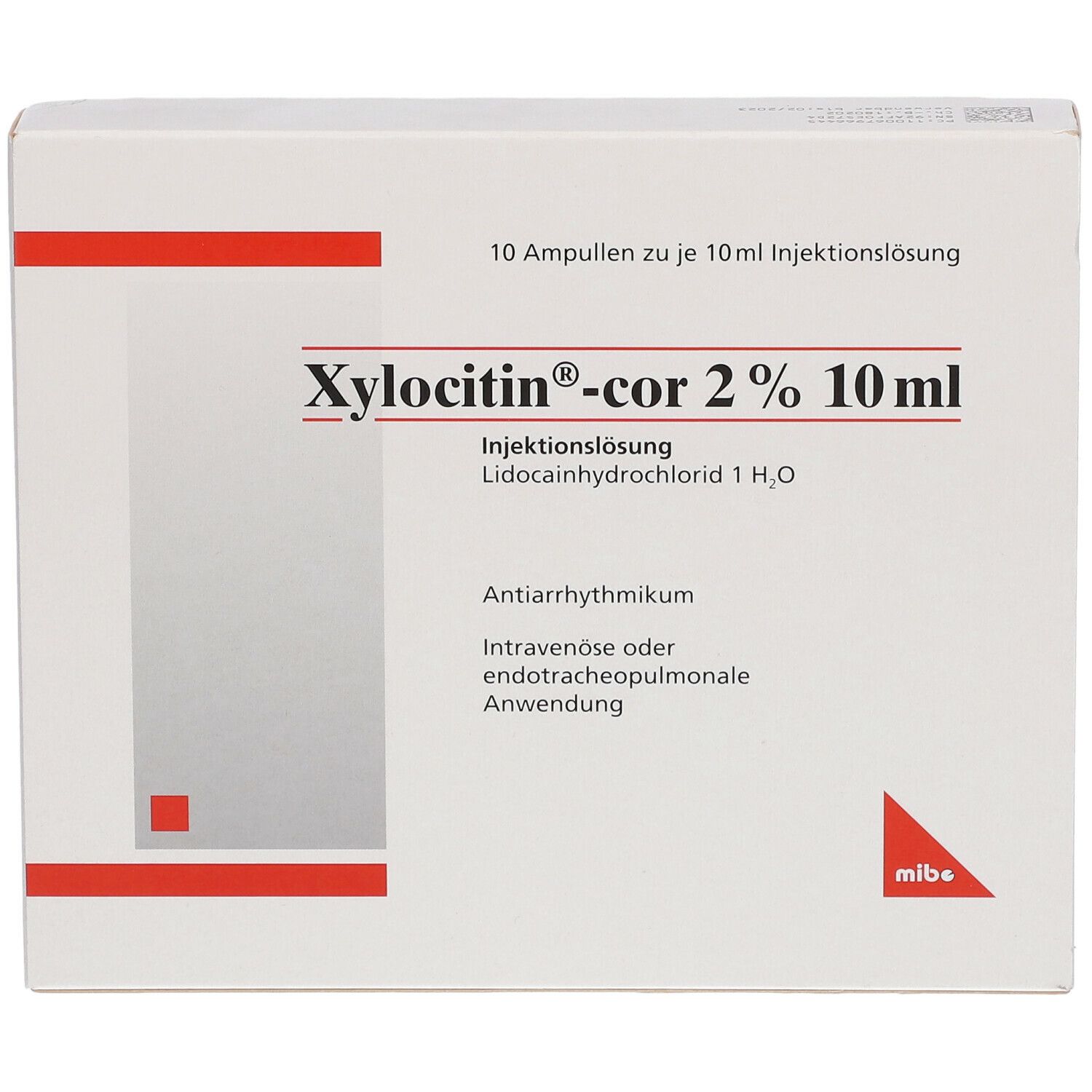 Vorderseite der Xylocitin-cor 2% 10 ml Verpackung. Aufschrift: 10 Ampullen. Mibe-Logo.
