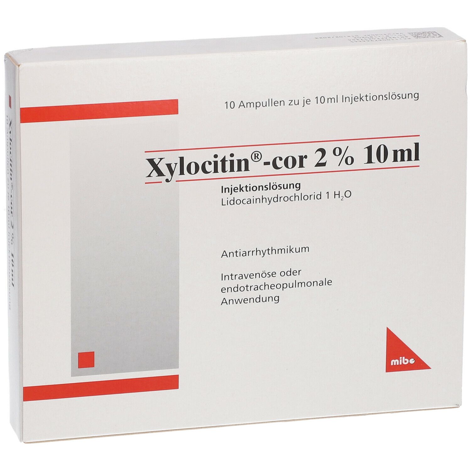 Vorderseite der Xylocitin-cor 2% 10 ml Verpackung. Aufschrift: 10 Ampullen. Mibe-Logo.