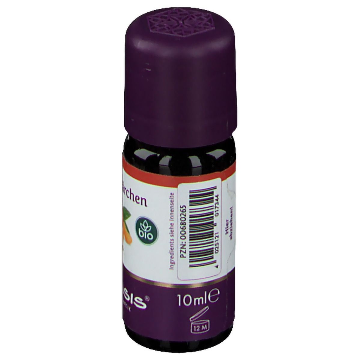 Braune Glasflasche mit lila Verschluss. Etikett mit "Wintermärchen", Mandarine und Bio-Siegel. 10ml. PZN-Code und Haltbarkeit.