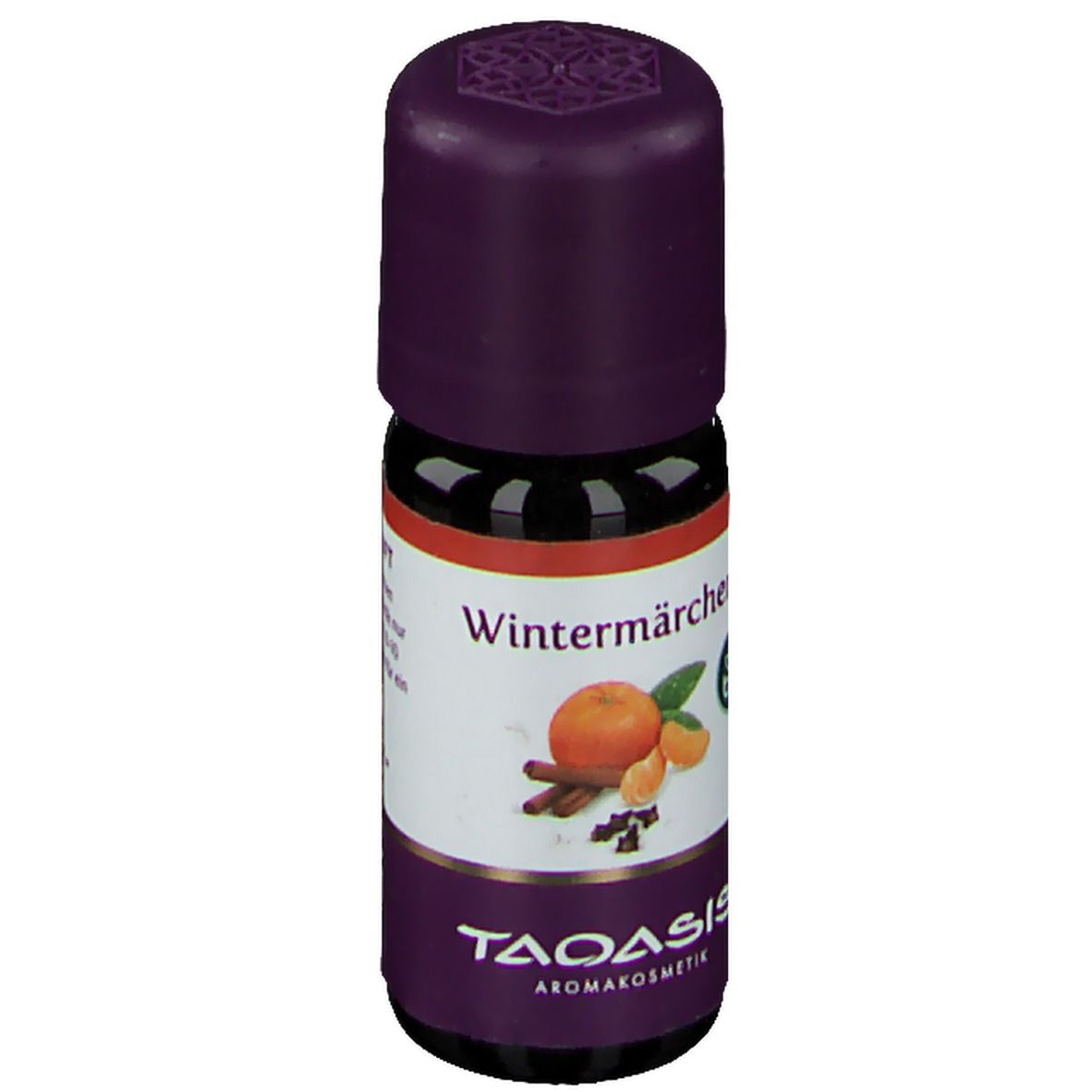 Braune Glasflasche mit lila Verschluss. Etikett mit "Wintermärchen", Mandarine, Zimtstange und Bio-Siegel. Marke: TAOASIS.