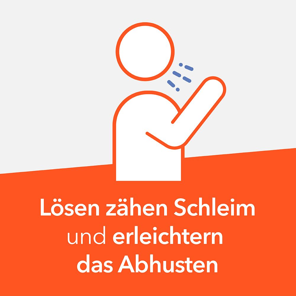 Grafik: Person hustet. Text: Lösen zähen Schleim und erleichtern das Abhusten.