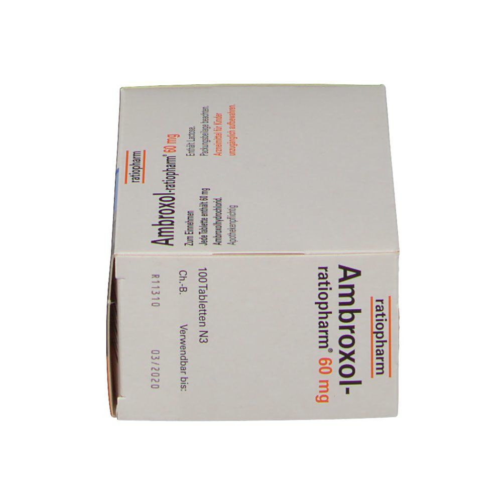 Karton von Ambroxol-ratiopharm 60 mg Tabletten. Aufdruck: 100 Tabletten N3. Seitenansicht mit Produktinformationen.