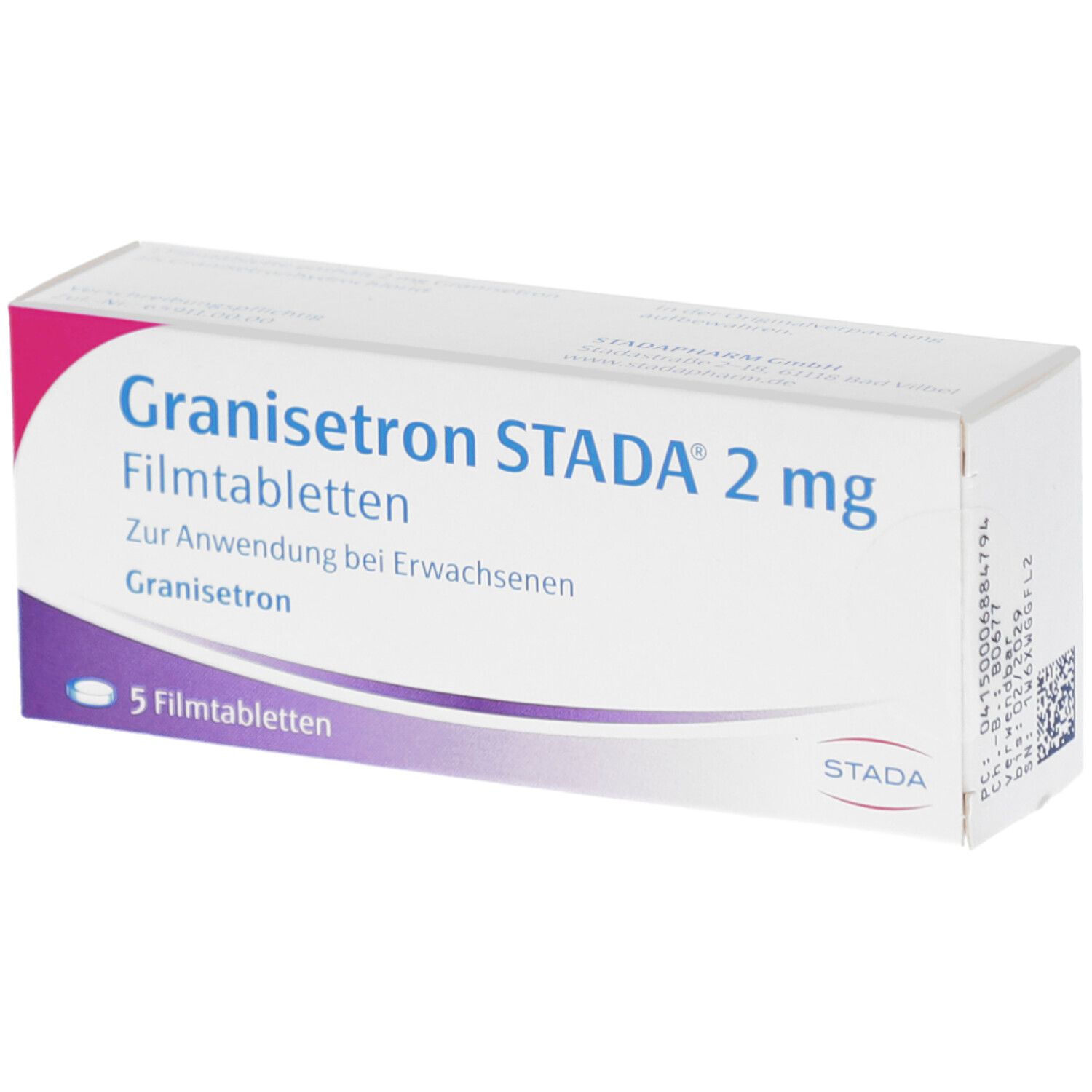 Schachtel Granisetron STADA® 2 mg Filmtabletten. 5 Tabletten. Lila und rosa Akzente. STADA Logo.