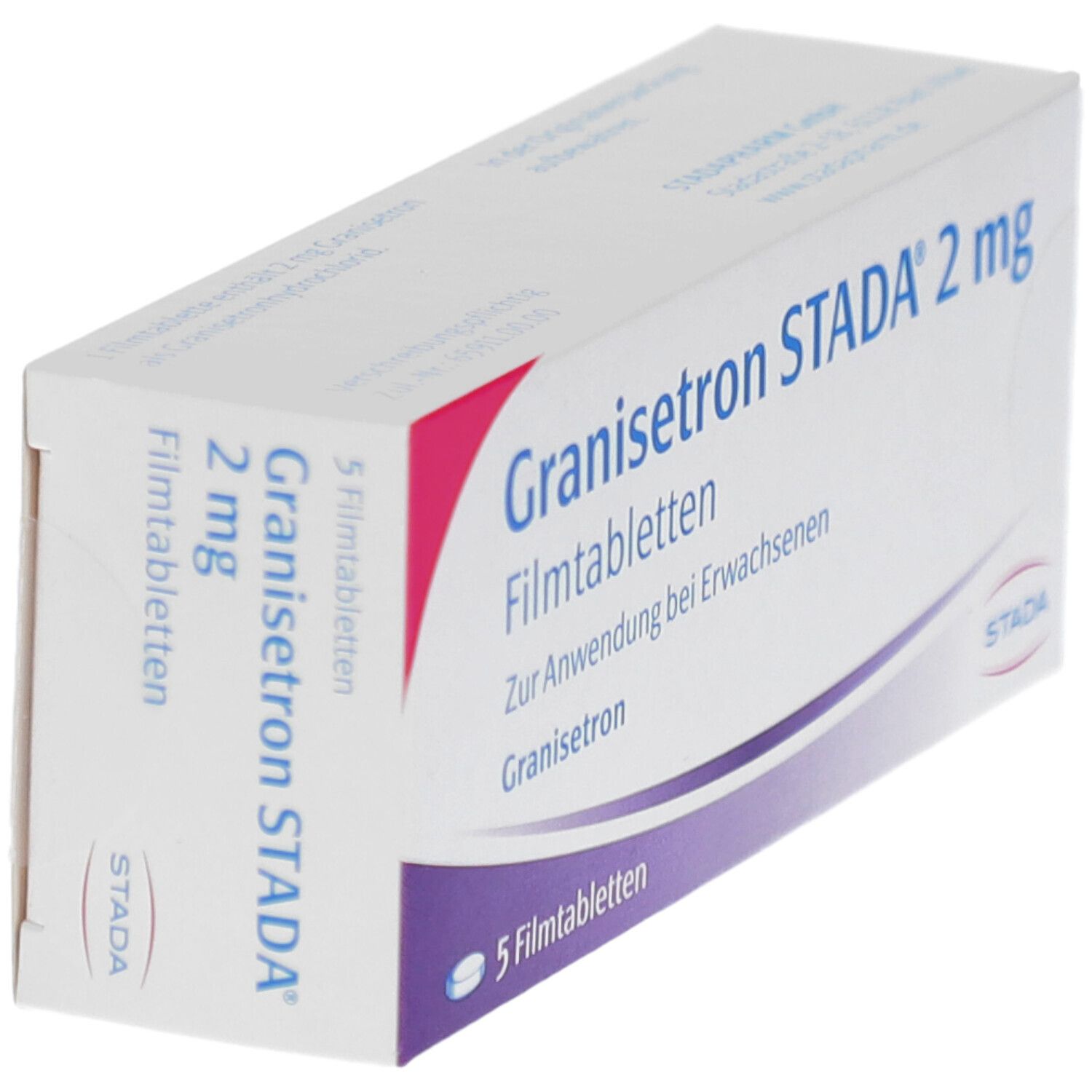 Schachtel Granisetron STADA® 2 mg Filmtabletten. 5 Tabletten. STADA Logo. Seitenansicht.