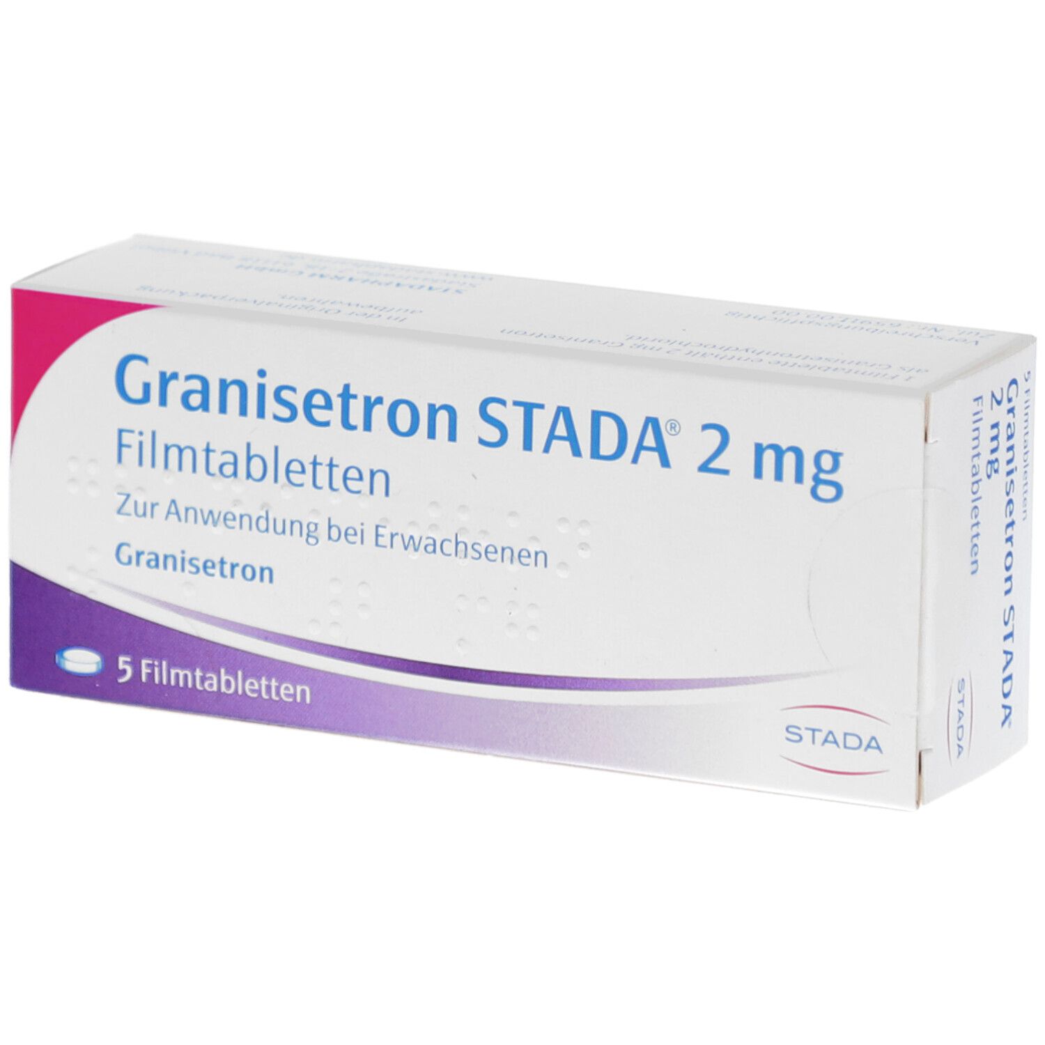 Schachtel mit Granisetron STADA 2 mg Filmtabletten. Aufschrift: 5 Filmtabletten. Lila und rosa Akzente.