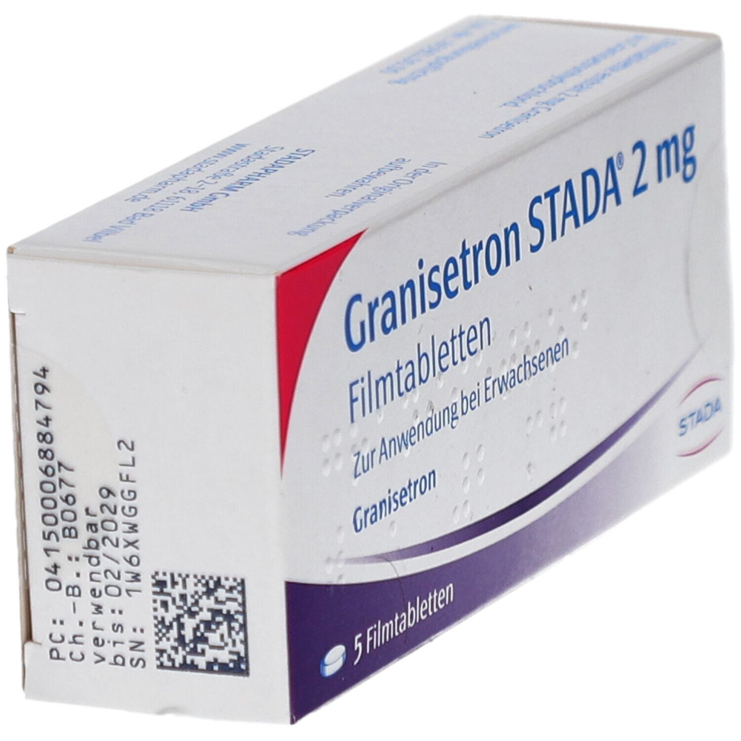 Schachtel Granisetron STADA® 2 mg Filmtabletten. 5 Tabletten. STADA Logo. QR-Code und Chargennummer.