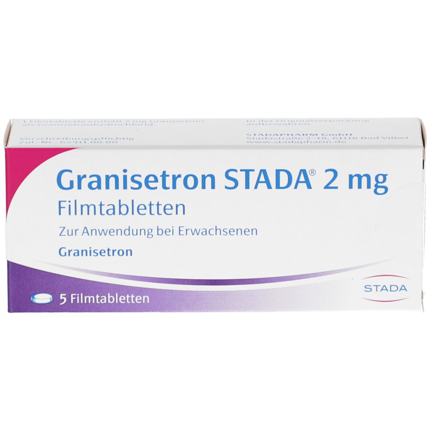 Schachtel mit Granisetron STADA 2 mg Filmtabletten. Aufschrift: 5 Filmtabletten. Marke STADA.