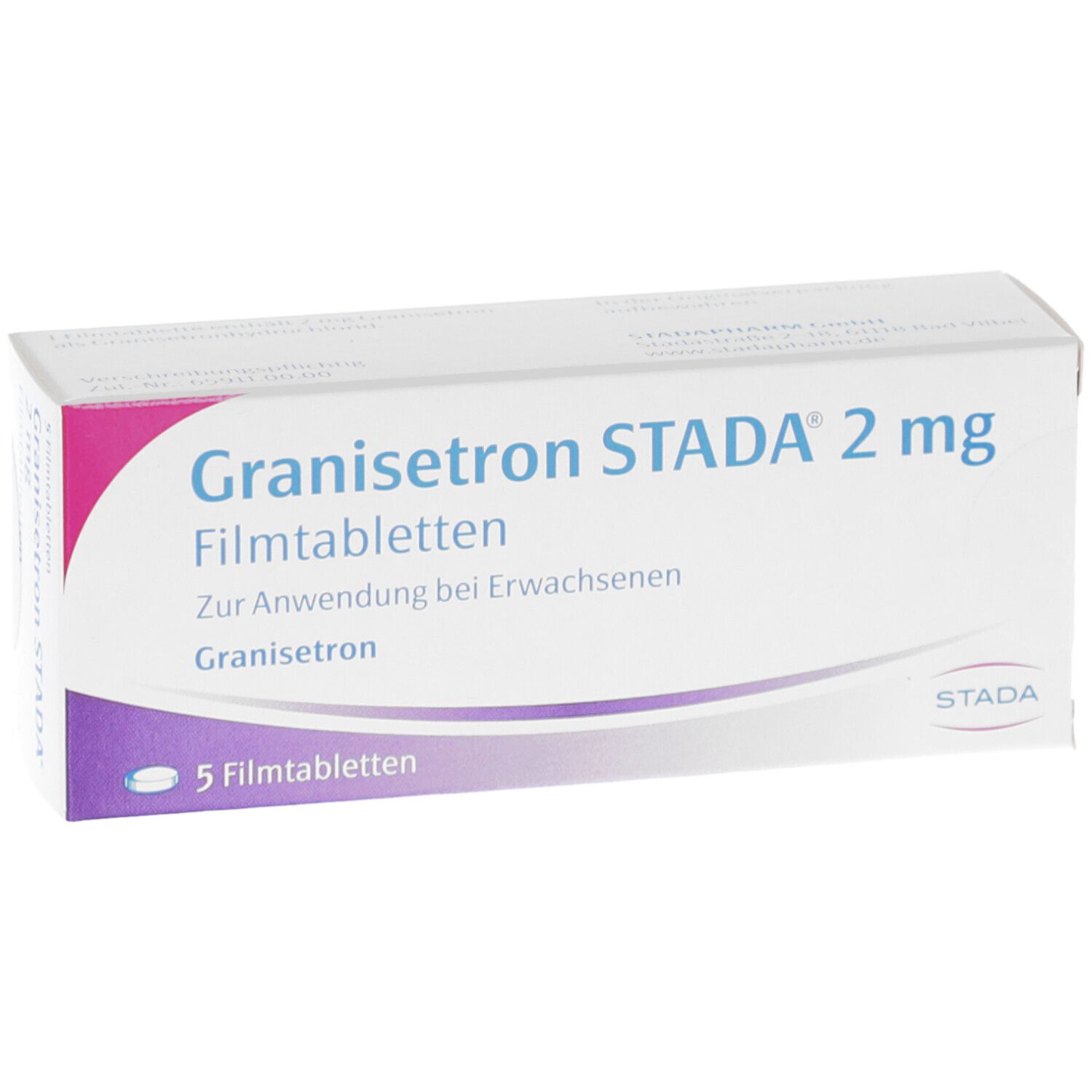 Schachtel Granisetron STADA® 2 mg Filmtabletten. 5 Tabletten. Lila und rosa Akzente. STADA Logo.