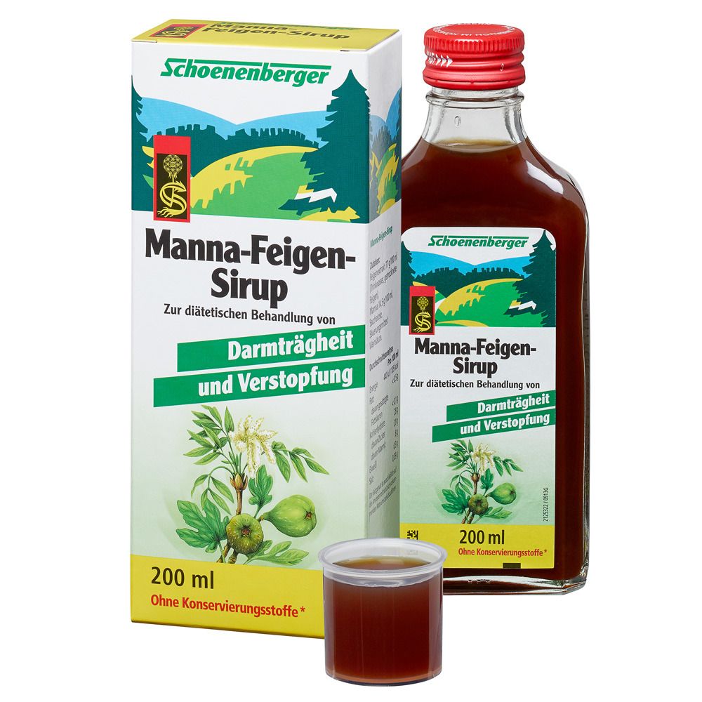 Glasflasche und Karton mit Produktetikett. Etikett mit Produktname, Illustration und Text. Messbecher daneben.
