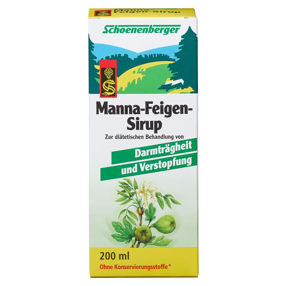 Karton mit Produktetikett. Etikett mit Produktname, Illustration und Text. Gelber und grüner Hintergrund.