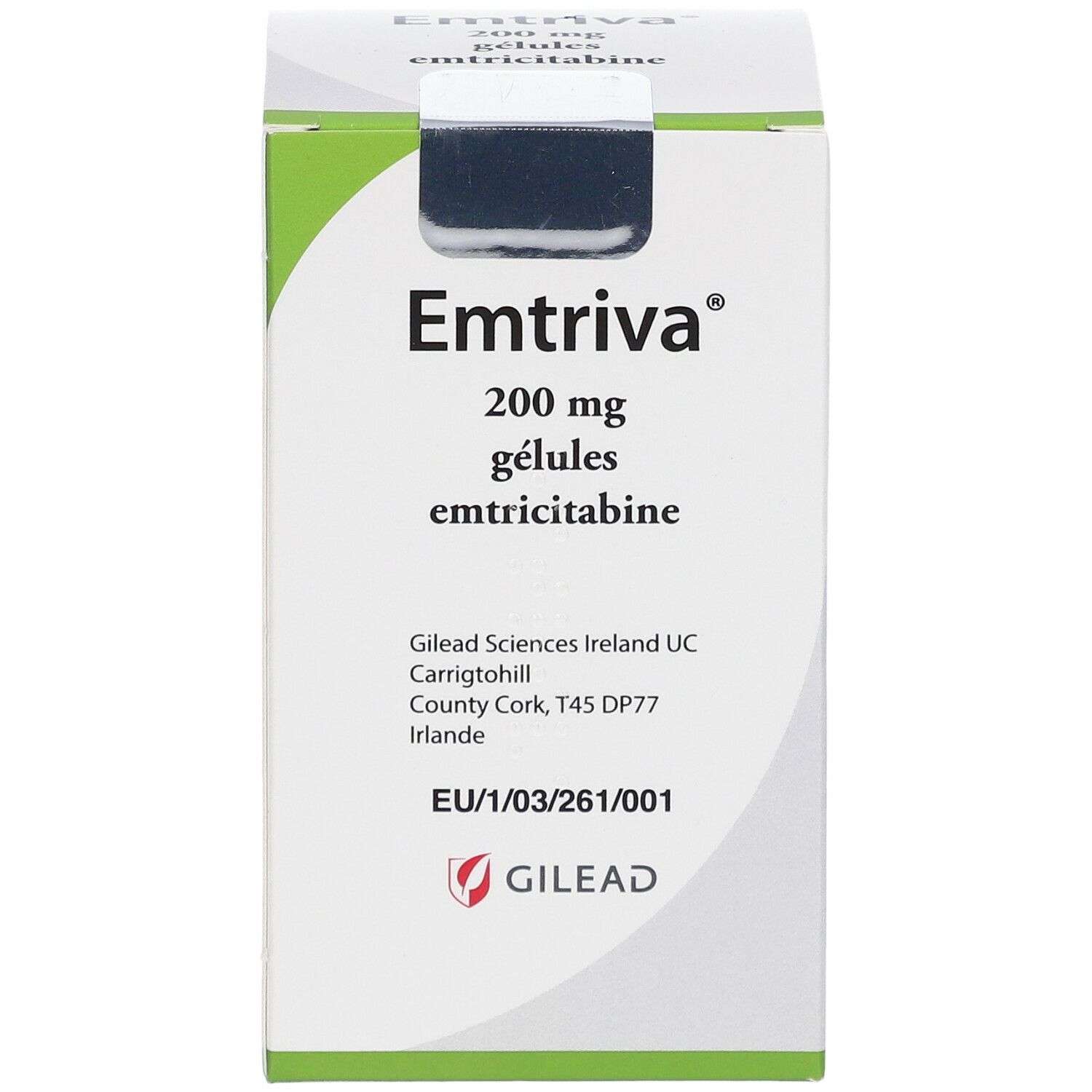 Emtriva 200 mg, Packung. Aufschrift: Emtriva, 200 mg, Gélules, Emtricitabin. Gilead Sciences Ireland UC.
