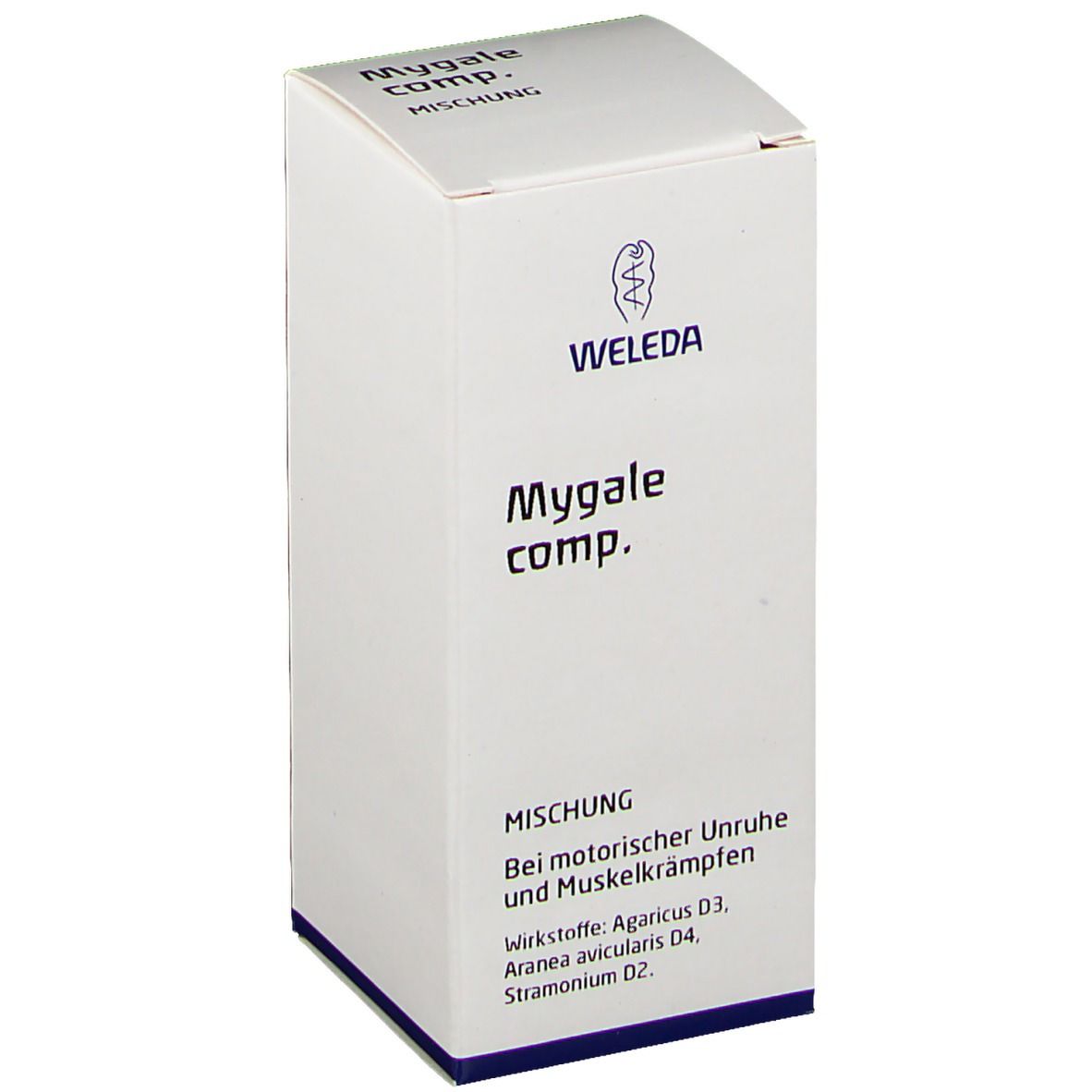 Weiße Schachtel mit Produktnamen und Logo. Text: Mischung, Wirkstoffe, bei motorischer Unruhe.