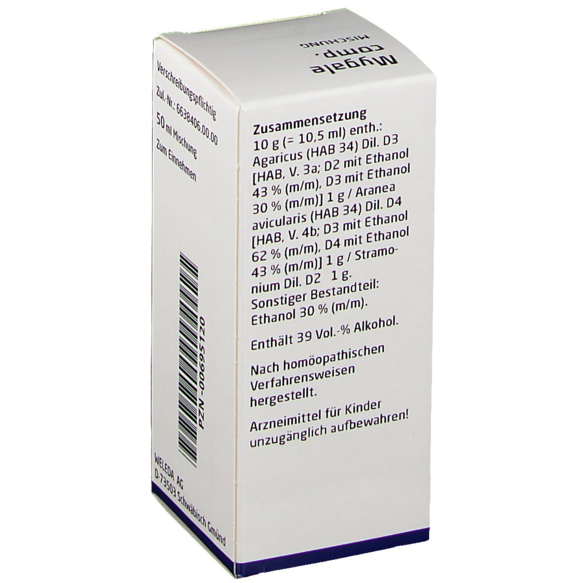 Weiße Schachtel mit Produktnamen und Logo. Text: Zusammensetzung, 10 g (10,5 ml) enth.:, Alkohol.