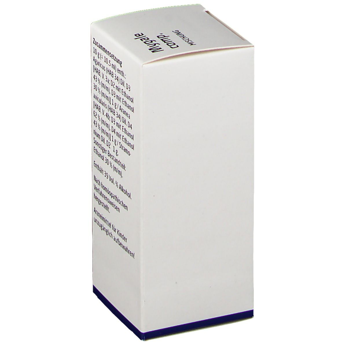 Weiße Schachtel mit Produktnamen und Logo. Text: Zusammensetzung, 10 g (10,5 ml) enth.:, Alkohol.