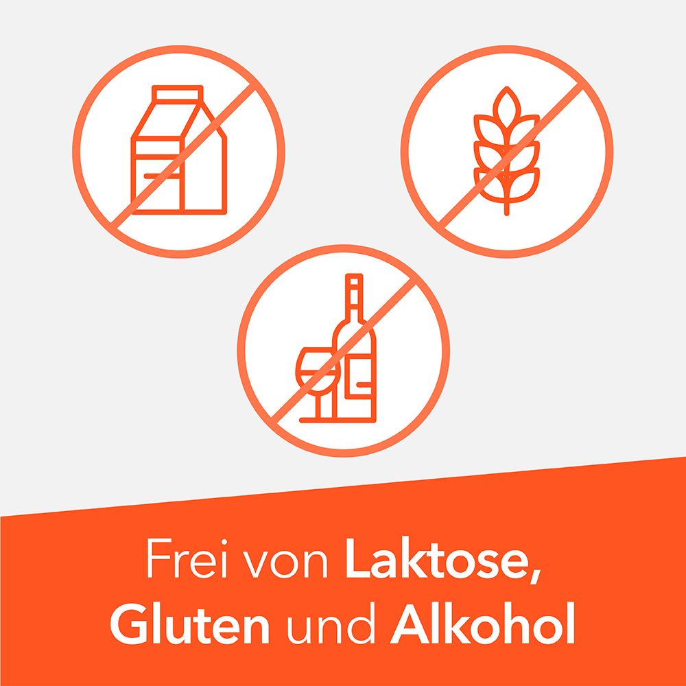 Symbole: Milch, Getreide, Flasche mit Glas sind durchgestrichen. Frei von Laktose, Gluten, Alkohol.