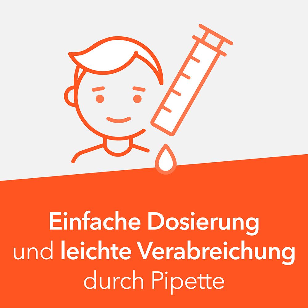 Illustration eines Kindes mit einer Spritze zur einfachen Dosierung von Fiebersaft.