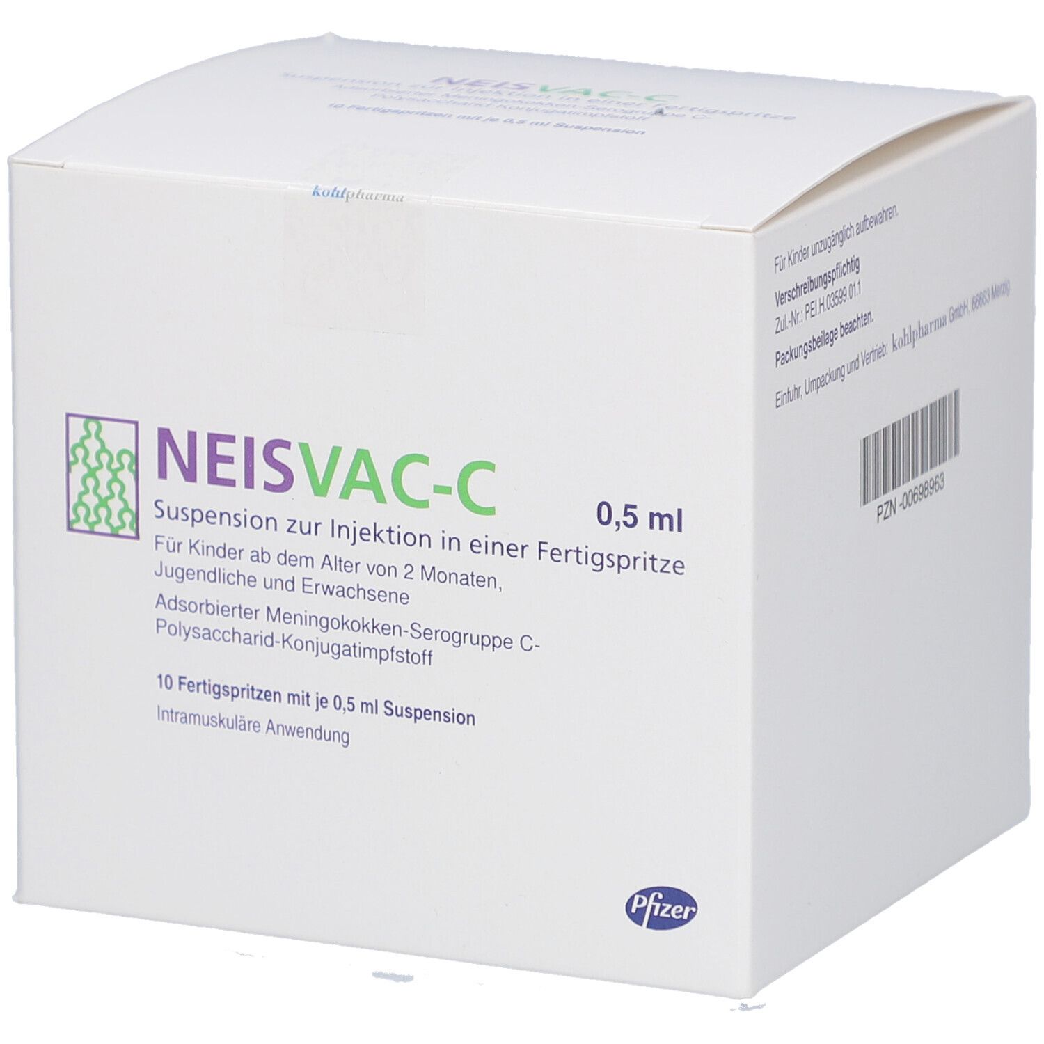 Weiße Schachtel mit Neisvac-C-Logo und Text. Enthält 10 Fertigspritzen mit 0,5 ml Suspension. Pfizer-Logo unten rechts.
