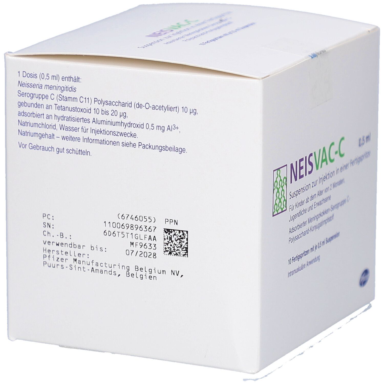 Rückseite der Neisvac-C-Schachtel. Enthält Informationen zu Inhaltsstoffen und Hersteller. QR-Code und Chargennummer.