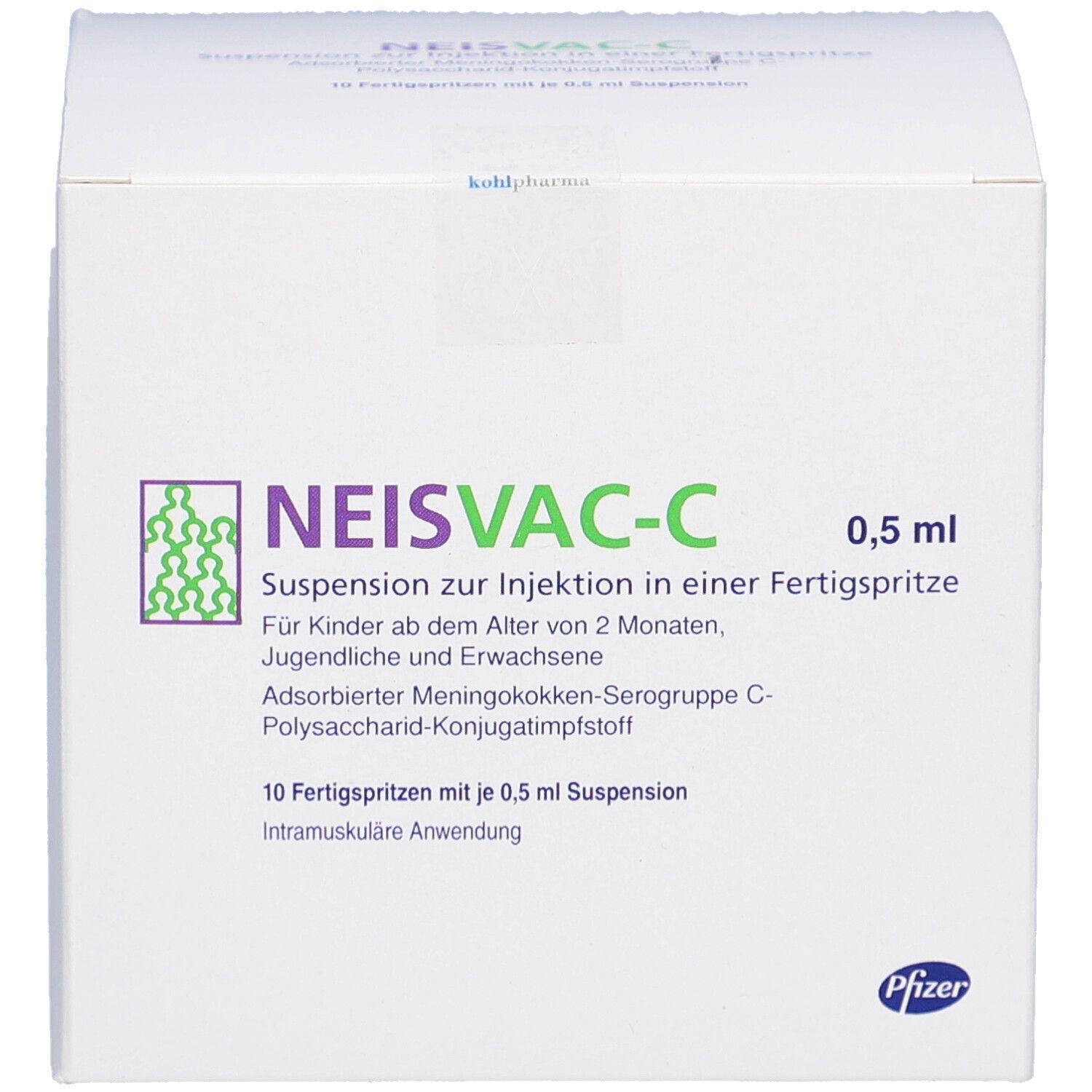 Weiße Schachtel mit Neisvac-C-Logo und Text. Enthält 10 Fertigspritzen mit 0,5 ml Suspension. Pfizer-Logo unten rechts.